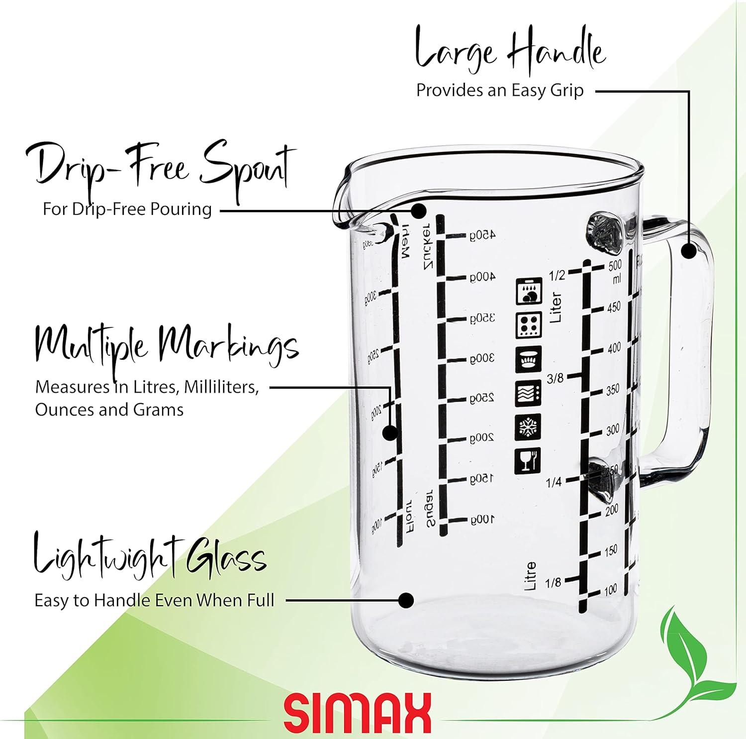 Simax Glass Measuring Cup | Durable Borosilicate Glass, Easy to Read Metric Measurements- Liter, Milliliter, Ounce, Sugar Grams, Flour Grams, Drip Free Spout, Microwave and Dishwasher Safe (16-Ounce)