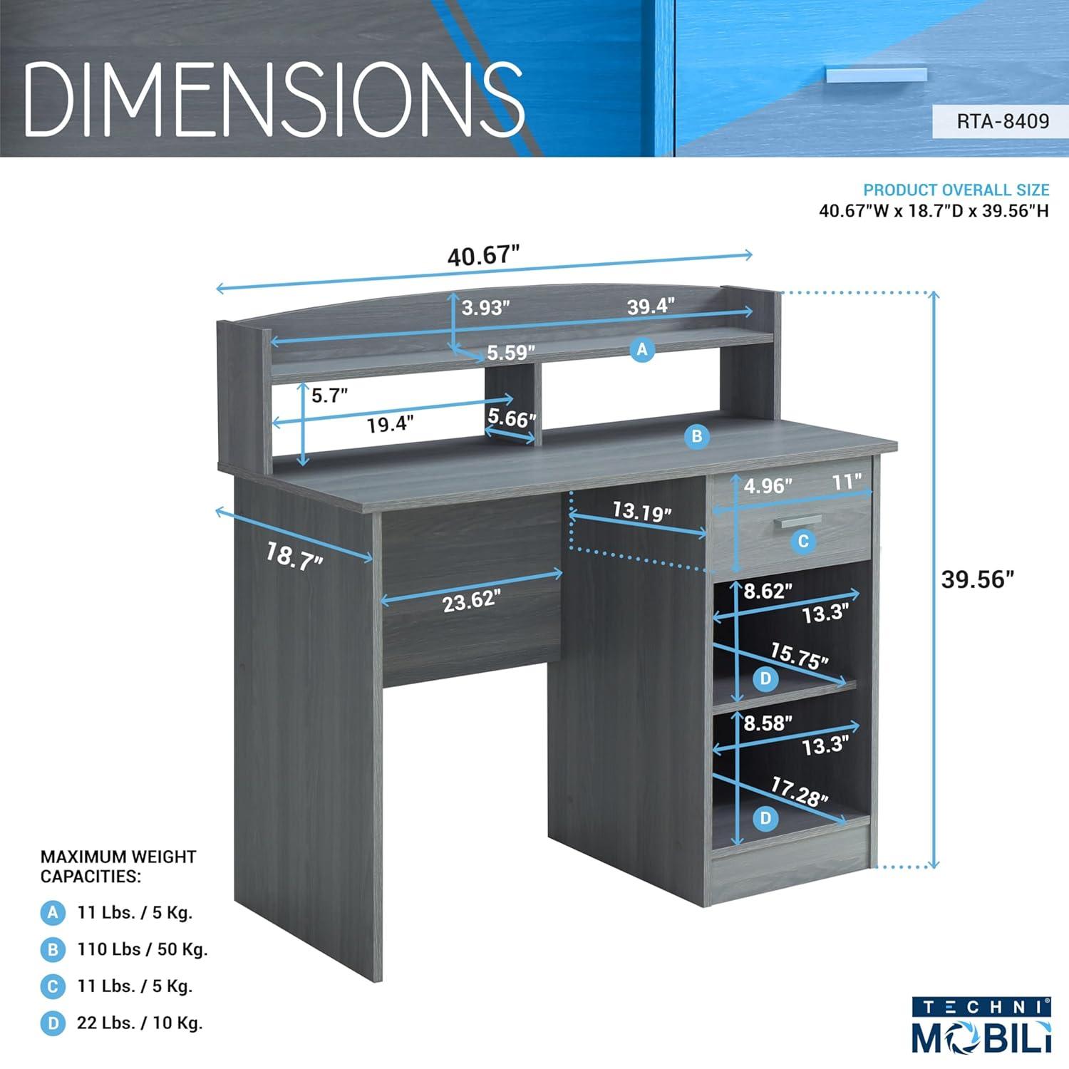 Modern Office Desk with Hutch Gray - Techni Mobili: Laminated Particle Board, Storage Hutch
