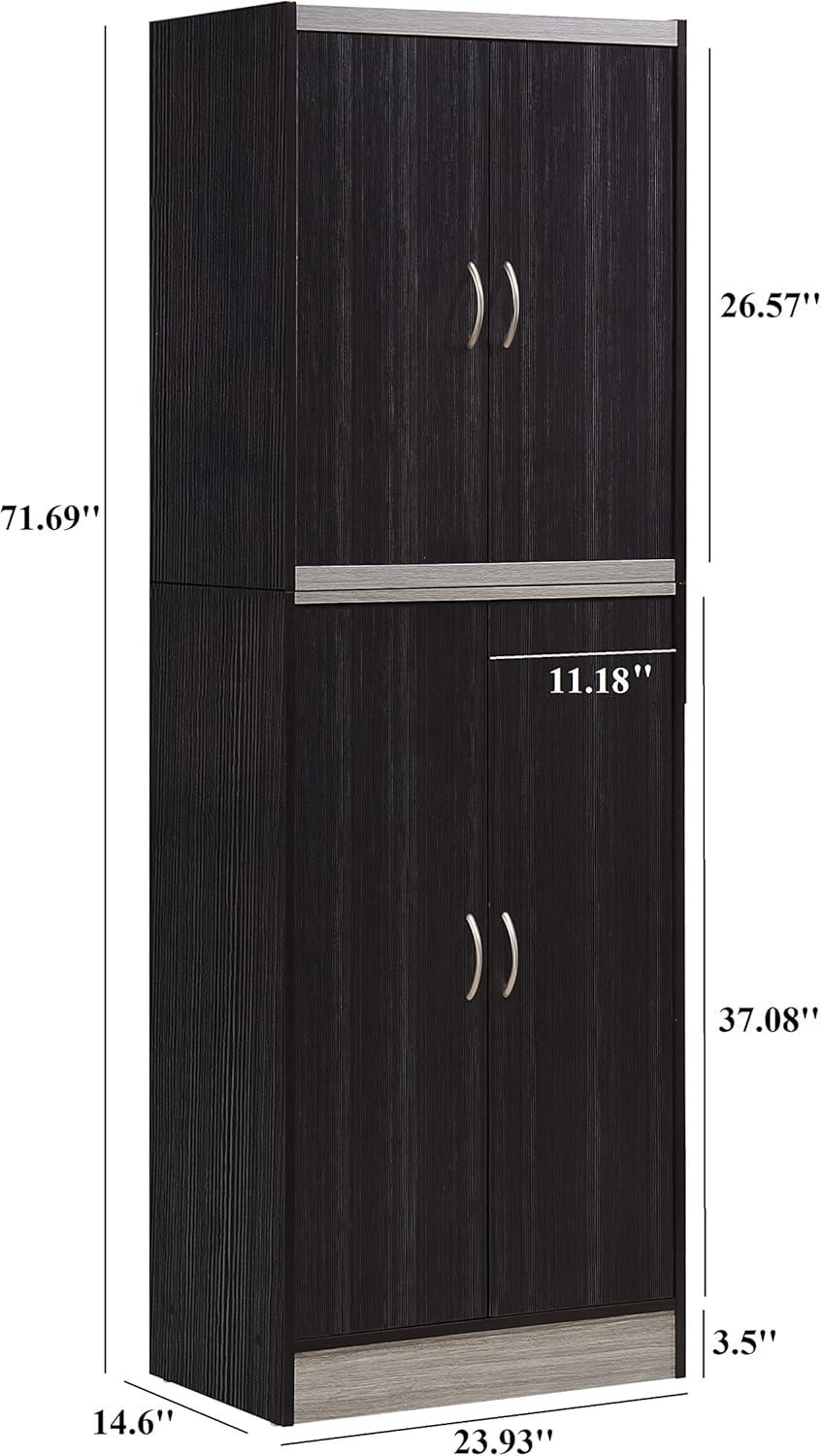 Hodedah 4 Door Kitchen Pantry 4 Shelves 5 Compartments in Chocolate-Grey Wood