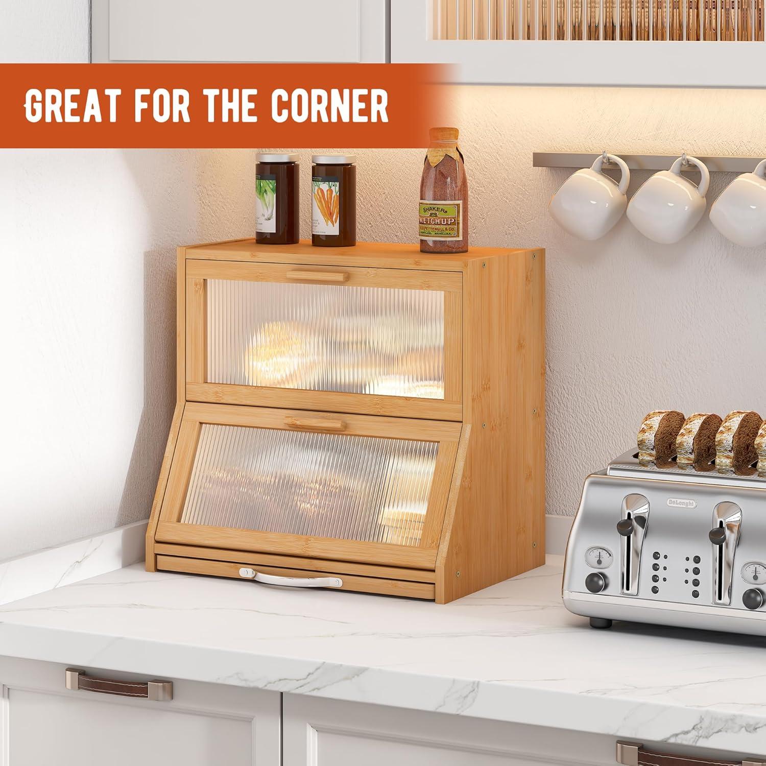 Prep & Savour Large Bread Box For Kitchen Counter, Bamboo Wooden Double Layer Large Capacity Bread Storage Bin With Acrylic Wavy Door Panel (Natural + Cutting Board)