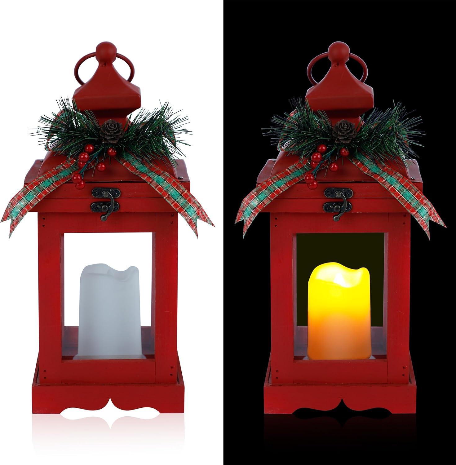 Red Metal and Glass Christmas Lantern with LED Candle