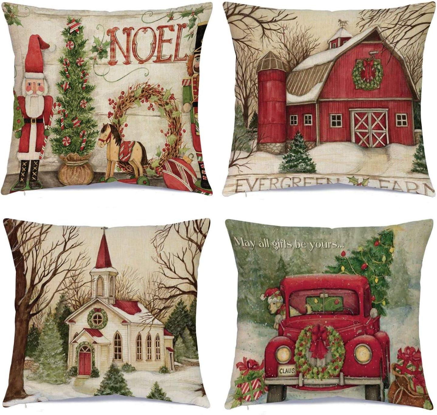 Hlonon Christmas Decorations Christmas Pillow Covers 18 x 18 Inches Set of 4 - Xmas Series Cushion Pillow Cover Custom Zippered Square Pillowcase
