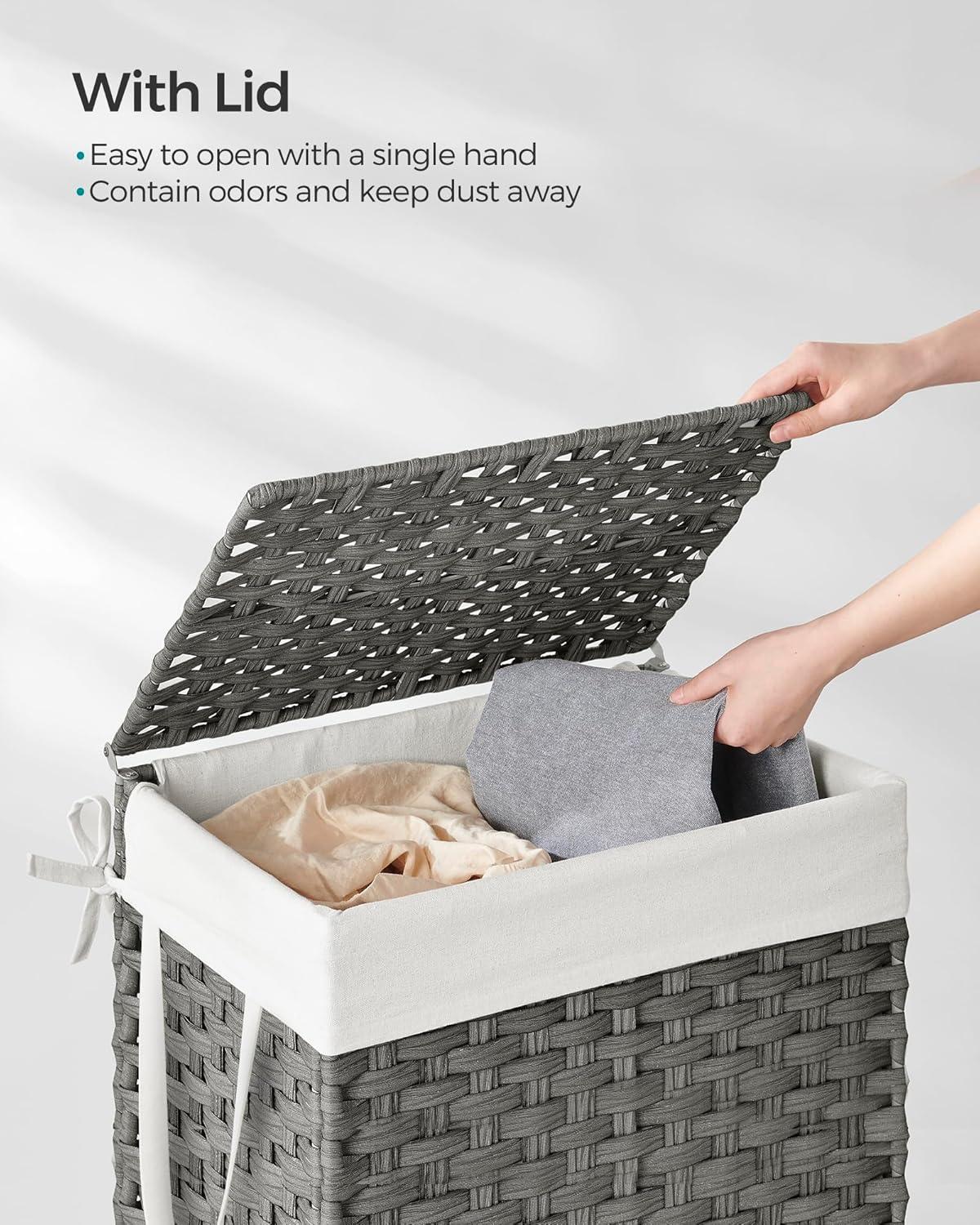 90L Large Laundry Hamper with Wheels,Rolling Laundry Basket with Lid and Renovable Liner Bag,Handwoven Rattan Organizer for bedroom, bathroom, laundry room (Grey)