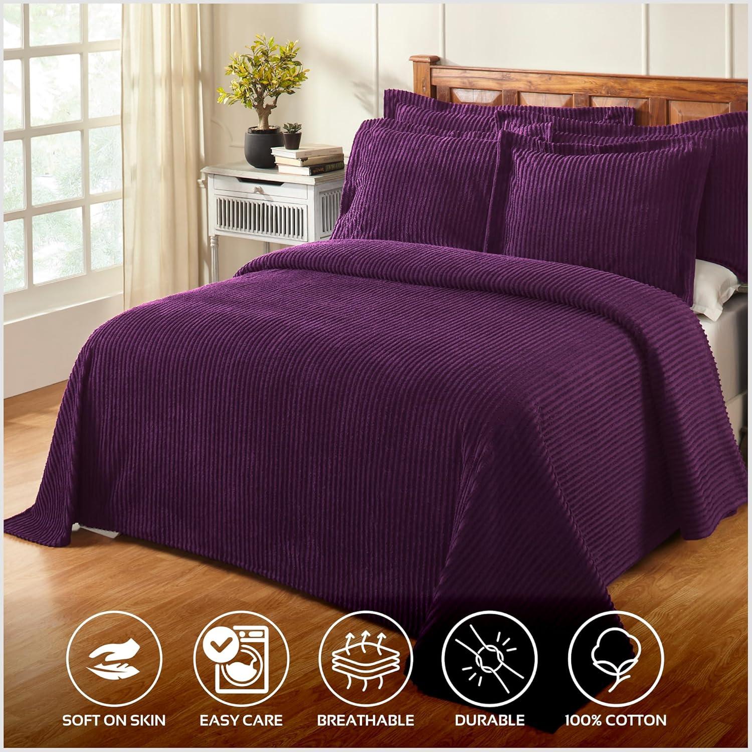 Better Trends 100% Cotton Queen Bedspread – Soft & Cozy Classic Stripe Coverlet, Machine Washable (102" x 110", Plum) Jullian Collection
