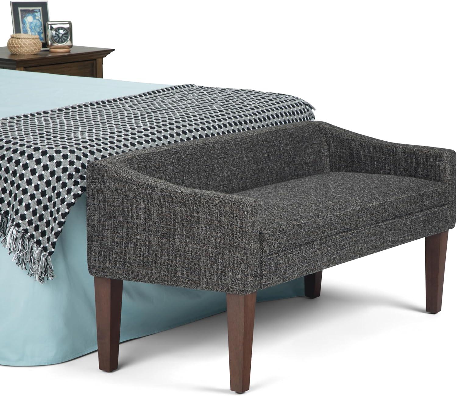 Parris Dark Grey Tweed-Look Upholstered Bench with Swooped Arms