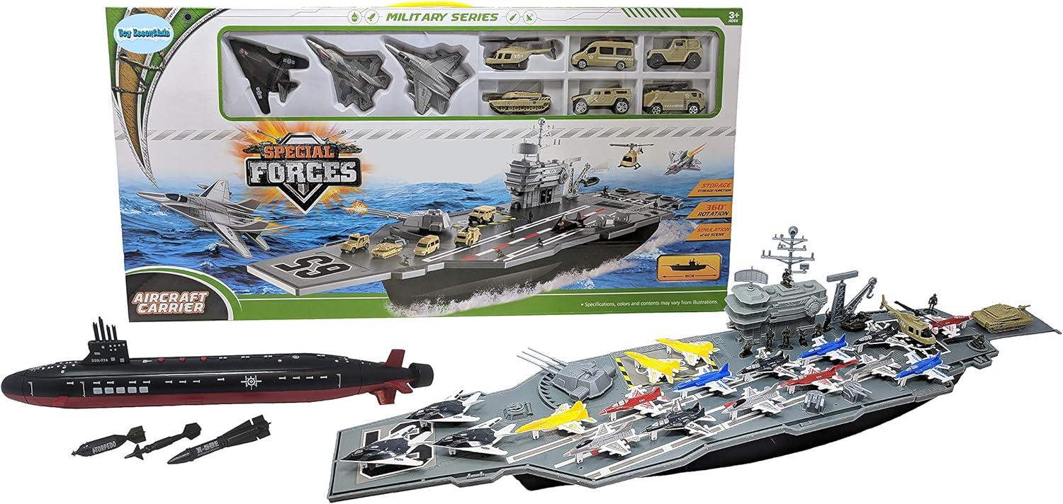 Aircraft Carrier Toy Army Men with Cargo Plane Warplanes Fighter Jets Military Vehicles