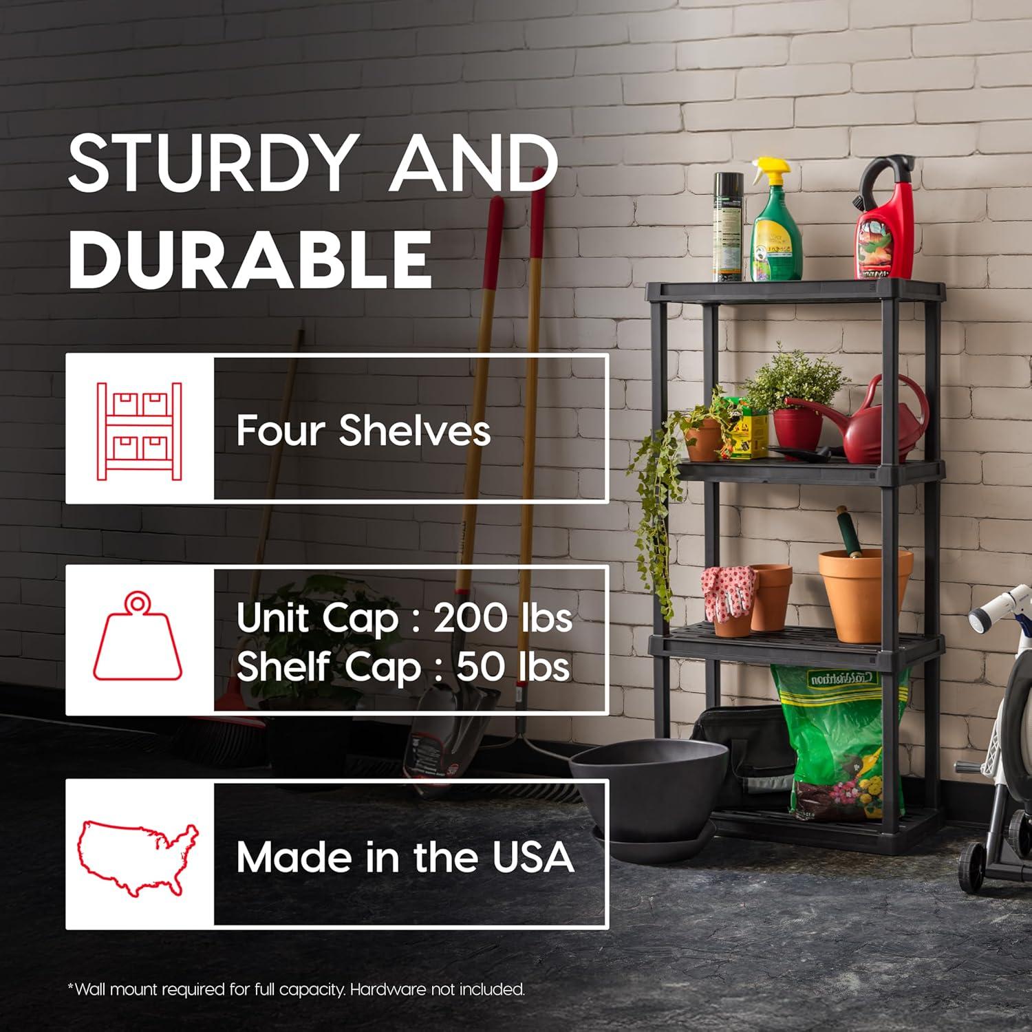 IRIS USA 4-Tier Shelving Unit, 48" Fixed Height, Medium Storage Organizer 24"W x 12"D x 48"H, Made with Recycled Materials, Black