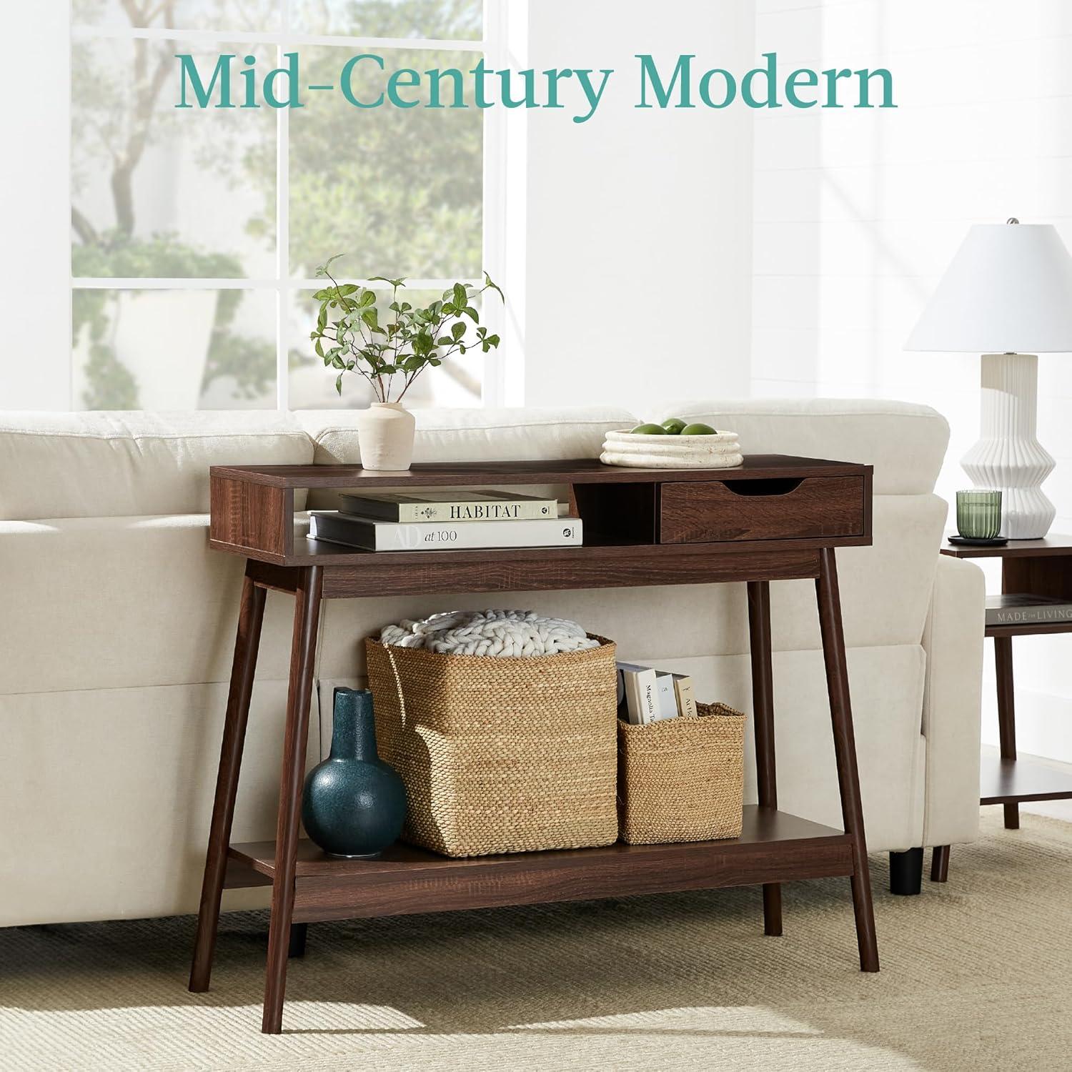 Khassidy Mid-Century Modern Hallway Console Table, Space-Saving Sofa Table w/ Cubby, Drawer