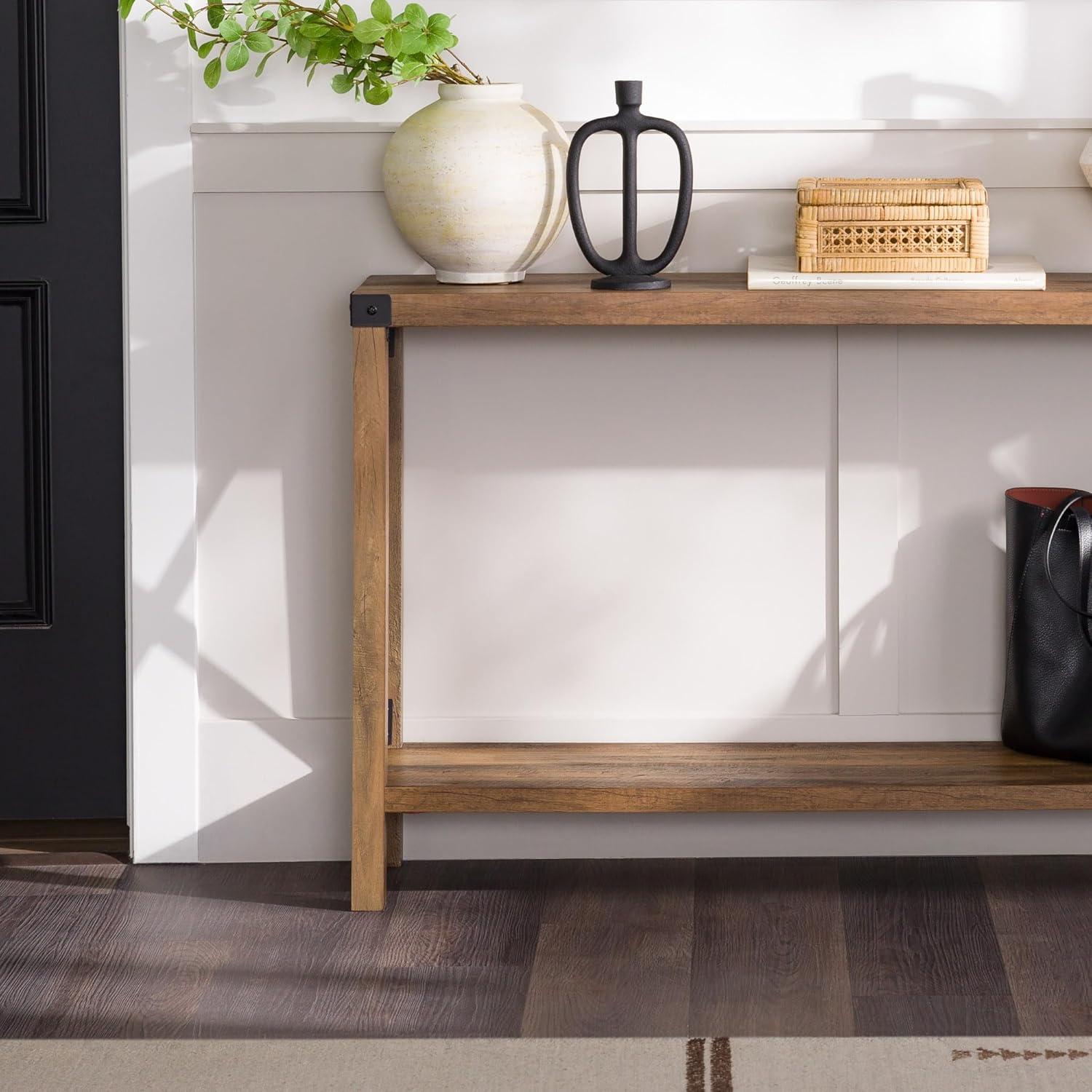 Rustic Oak and Metal Two-Tier Console Table with Storage