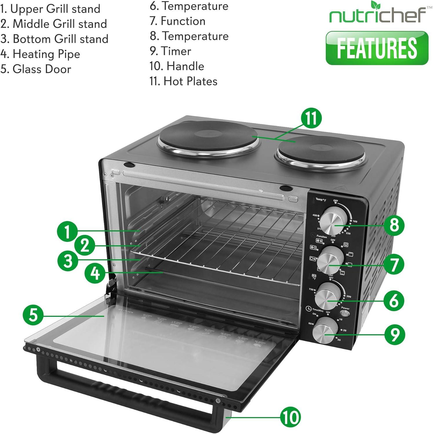 NutriChef 30+ Quart Countertop Convection Oven Cooker - 1500W Heating, Rotisserie, Dual Hot Plates, 120V - Black