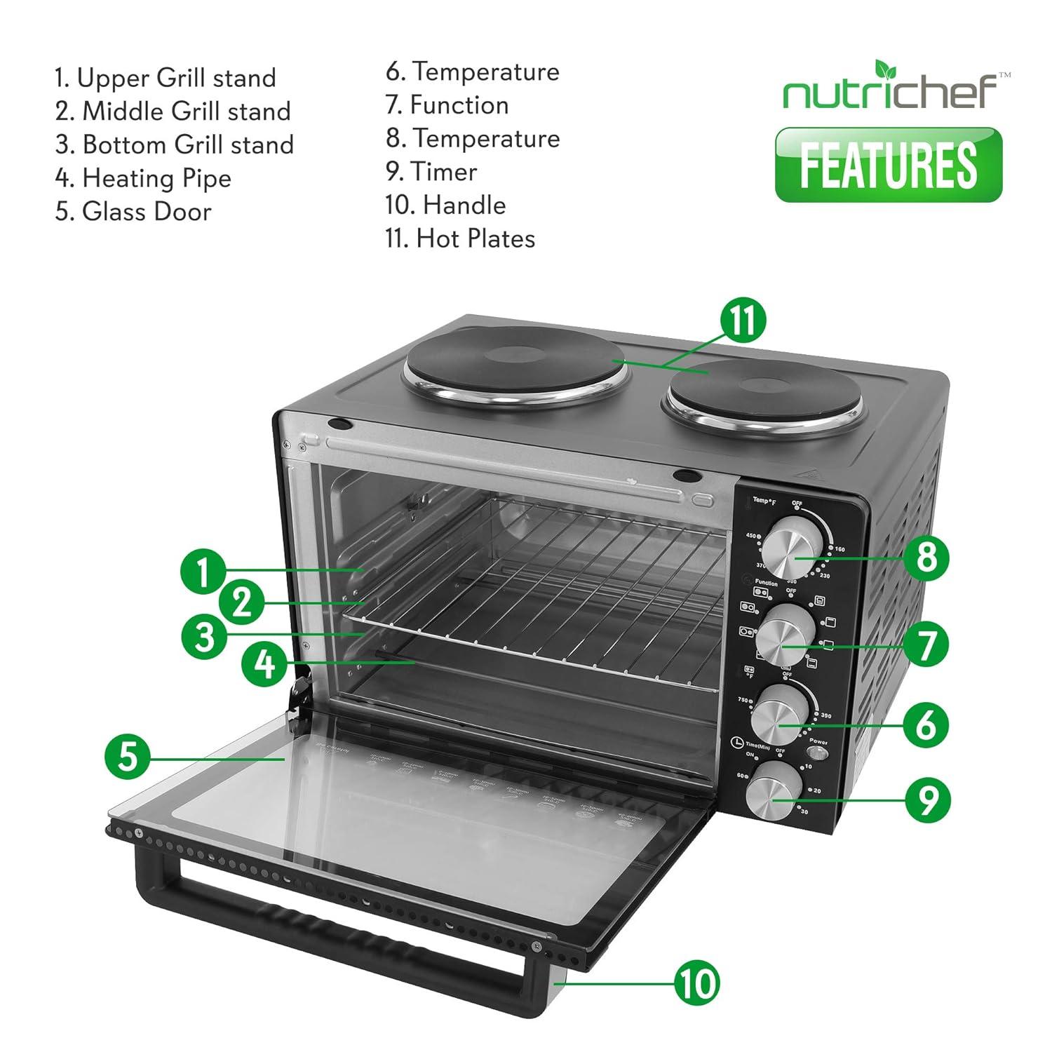 NutriChef 30+ Quart Countertop Convection Oven Cooker - 1500W Heating, Rotisserie, Dual Hot Plates, 120V - Black