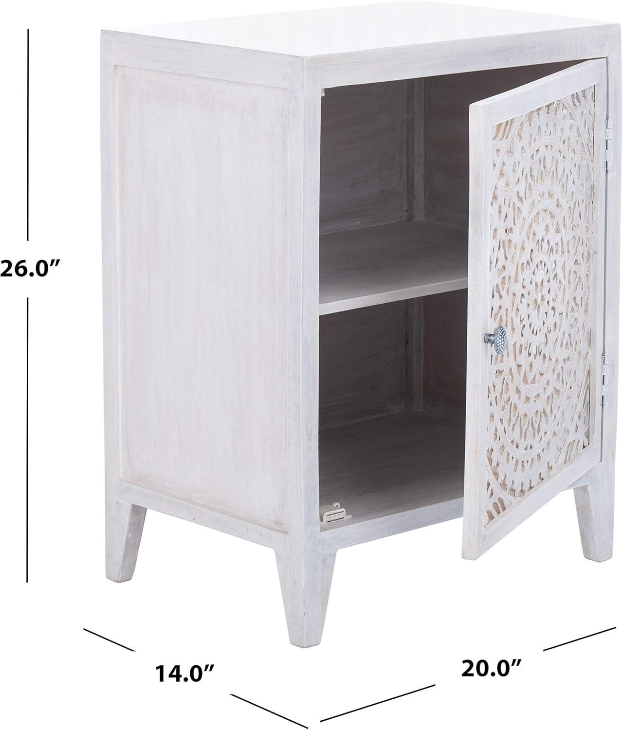 Thea White Washed Carved Wood 1-Door Nightstand