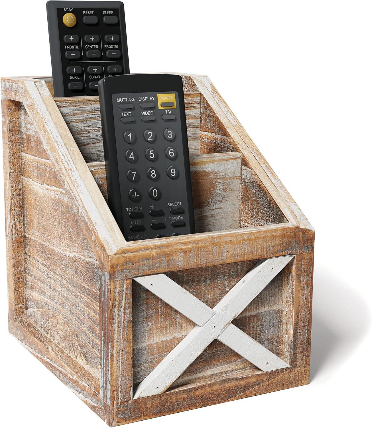 Barnyard Designs Rustic Vintage Wooden Desk Organizer Remotes Caddy Tabletop Desktop Office Supplies Desk Accessories Holder, 6.75" x 6.5” (White/Brown)