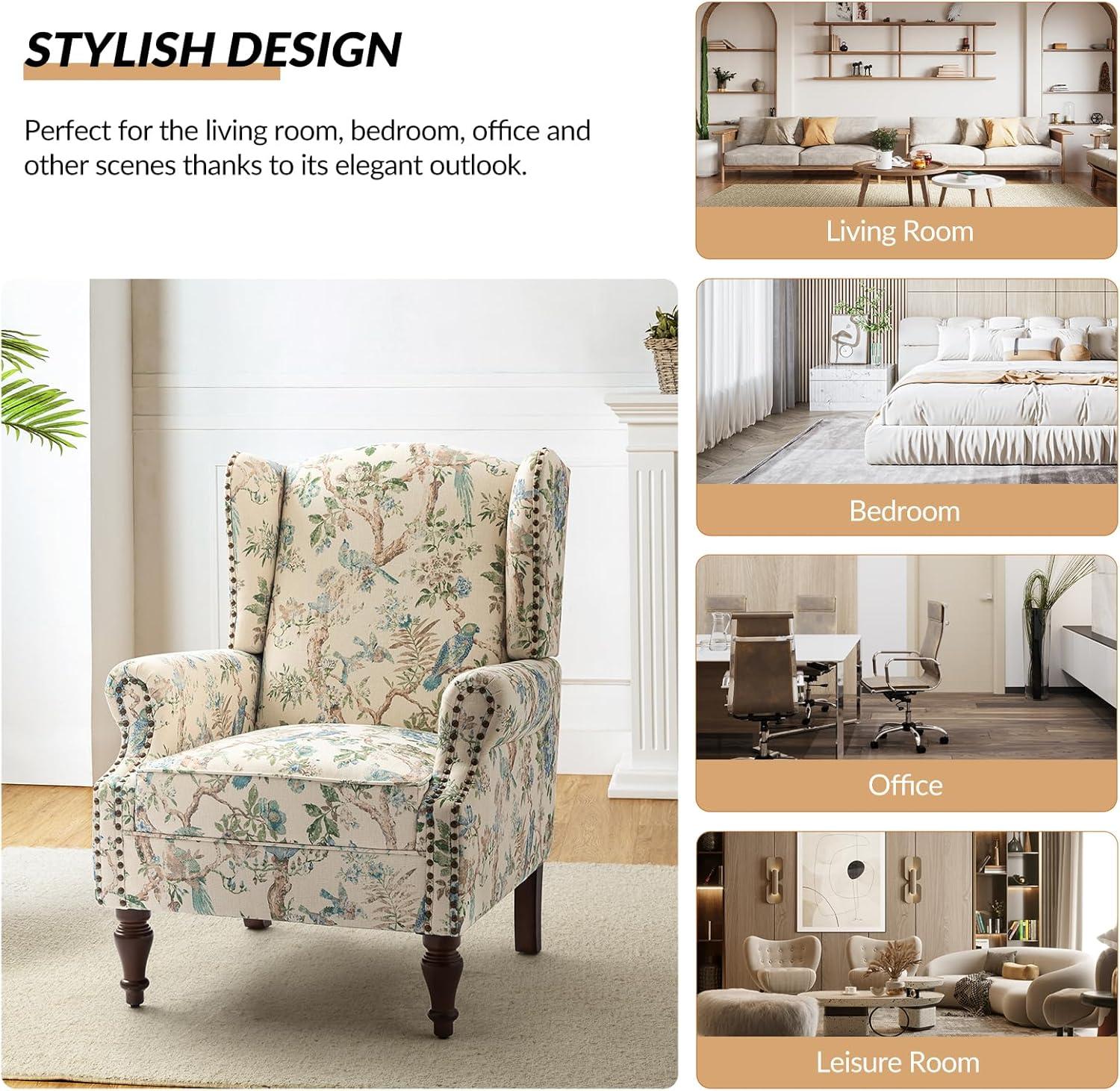 Beige Floral Pattern Wingback Accent Chairs with Wooden Legs