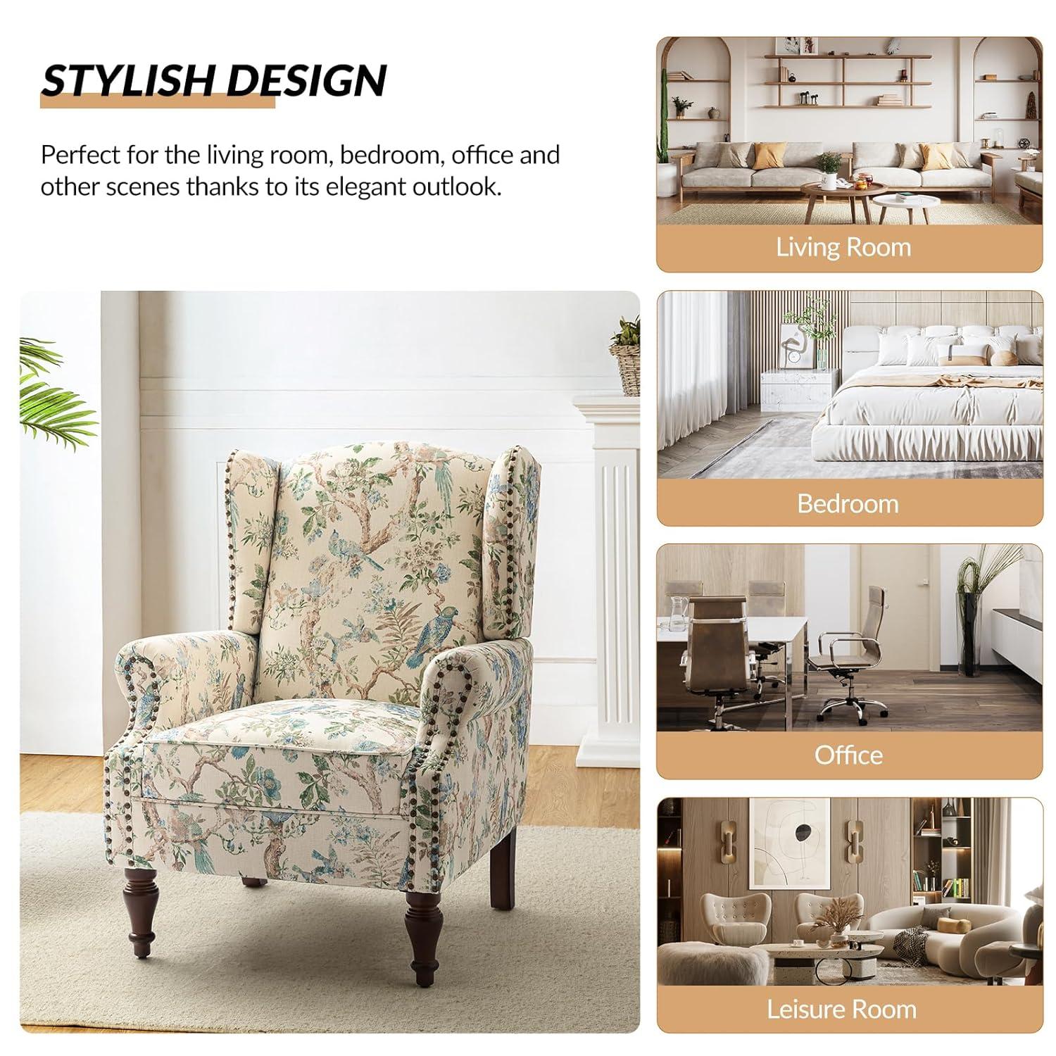 Beige Floral Pattern Wingback Accent Chairs with Wooden Legs