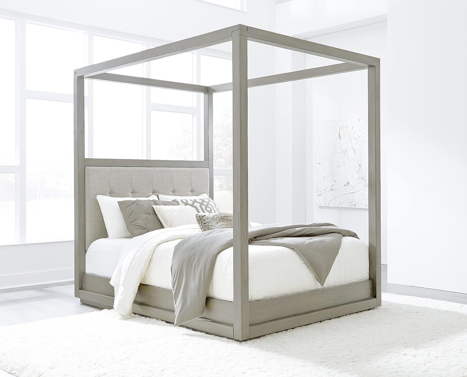 Gray Acacia Upholstered Canopy Bed with Linen Headboard