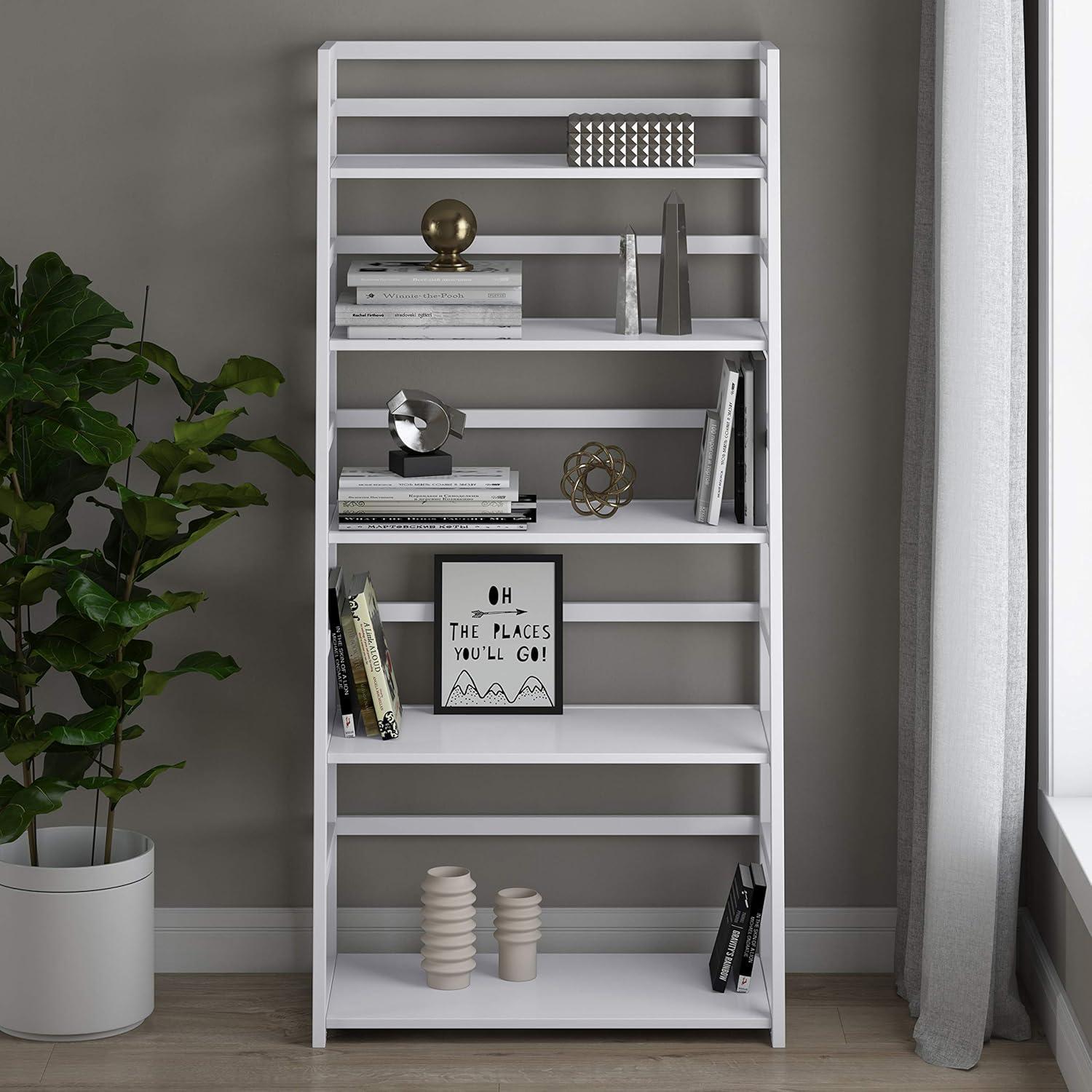 Simpli Home Acadian Ladder Shelf Bookcase in White