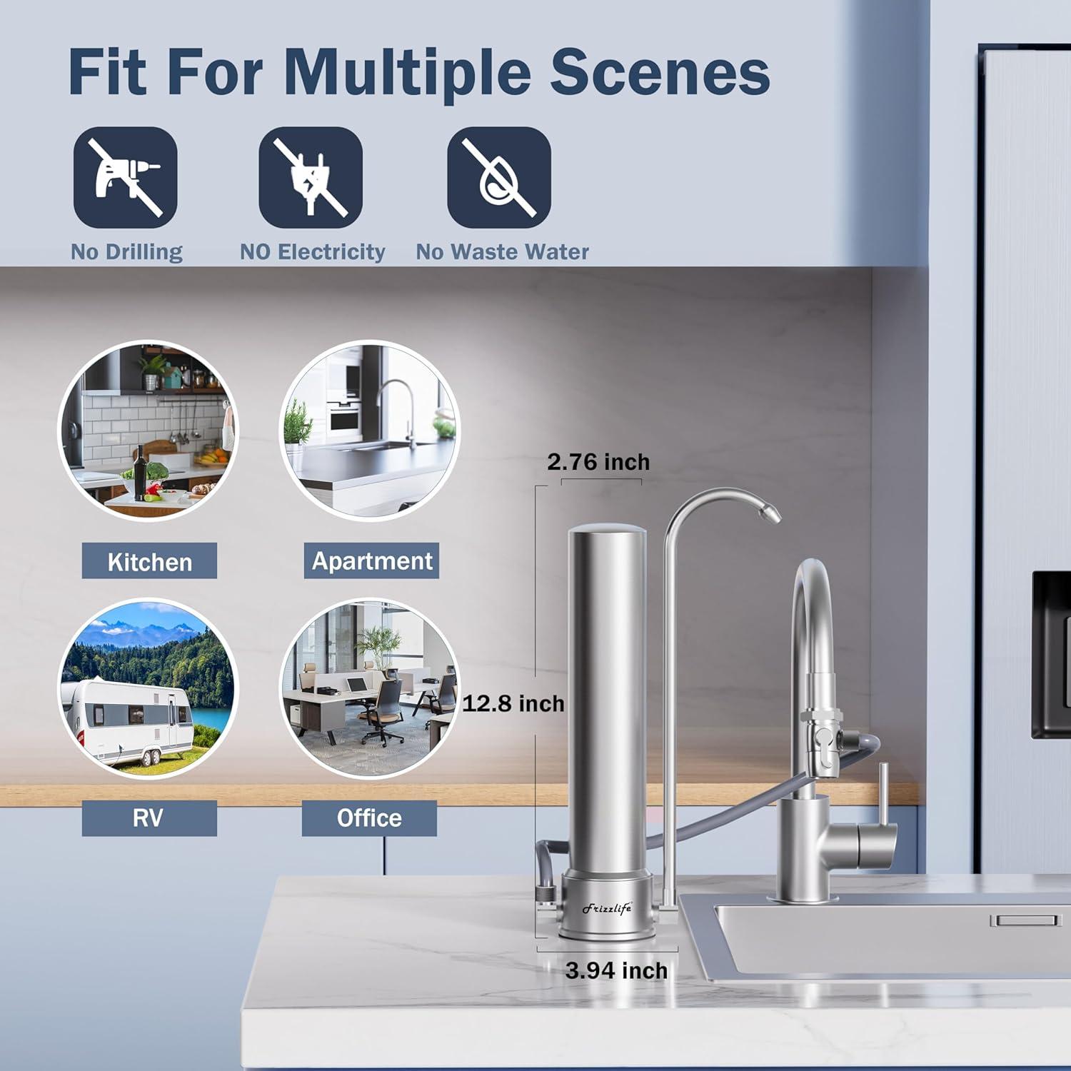 Frizzlife DS99 Dual Countertop Water Filter System, 8-Stage Stainless Steel Faucet Water Filtration System