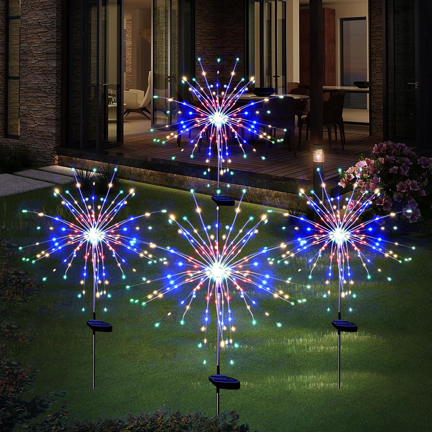 OriginalSourcing 4 Pack 120LED Solar Lights for Outside, Solar Firework Light Outdoor Waterproof with 8 Flashing Modes, Solar Lights for Lawn and Garden Decoration, Multicolo