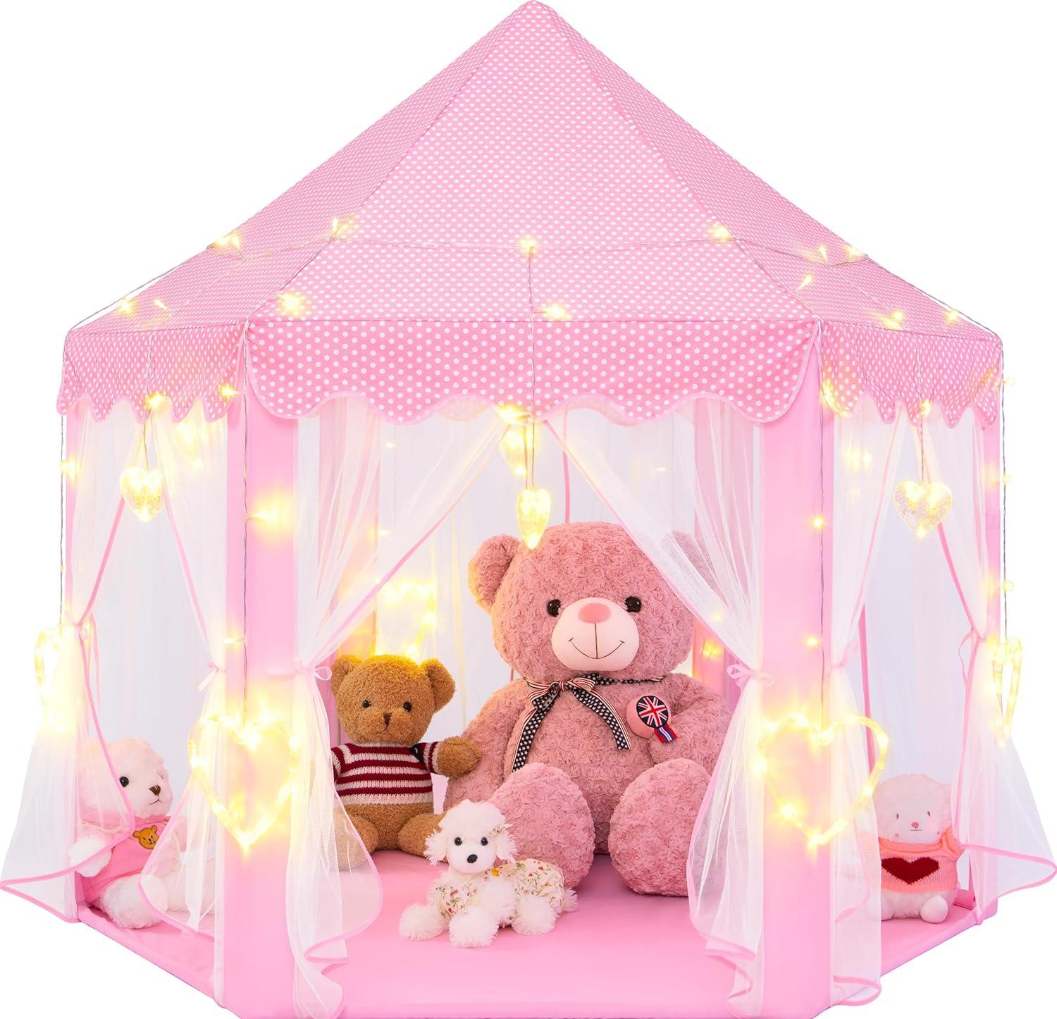 EVOIONOS Princess Tent for Girls, Kids Play Tent with LED Star Lights, Castle Playhouse for Children Indoor Outdoor Games, 55X53 inches, Pink