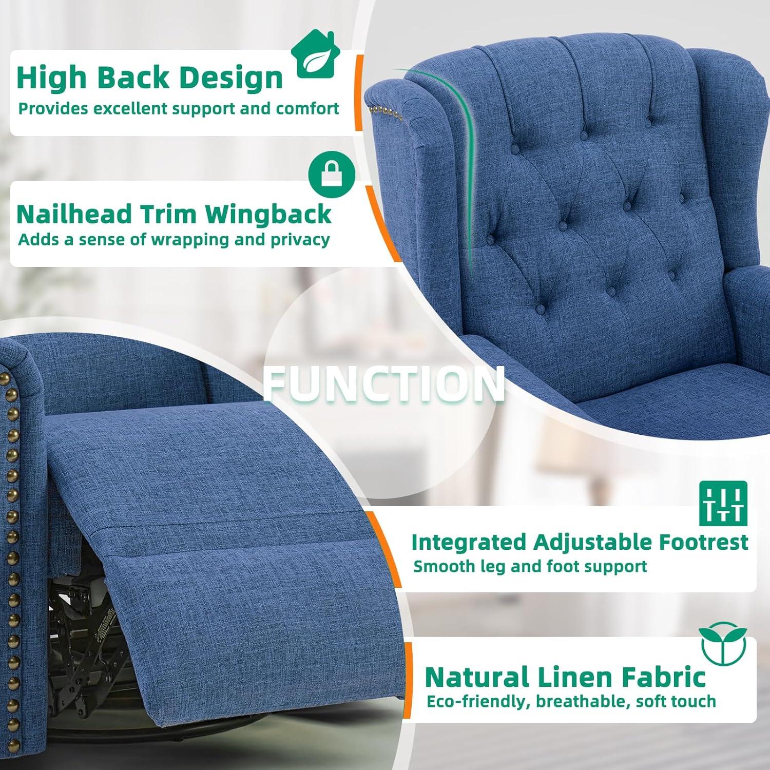 MEETWARM Meetwarm Power Swivel Rocking Glider Recliner Chair With Heat And Vibration, Electric Rocker Nursery Reclining Chair, Wingback Tufted Upholstered Recliner For Living Room, Type-C & Usb Ports