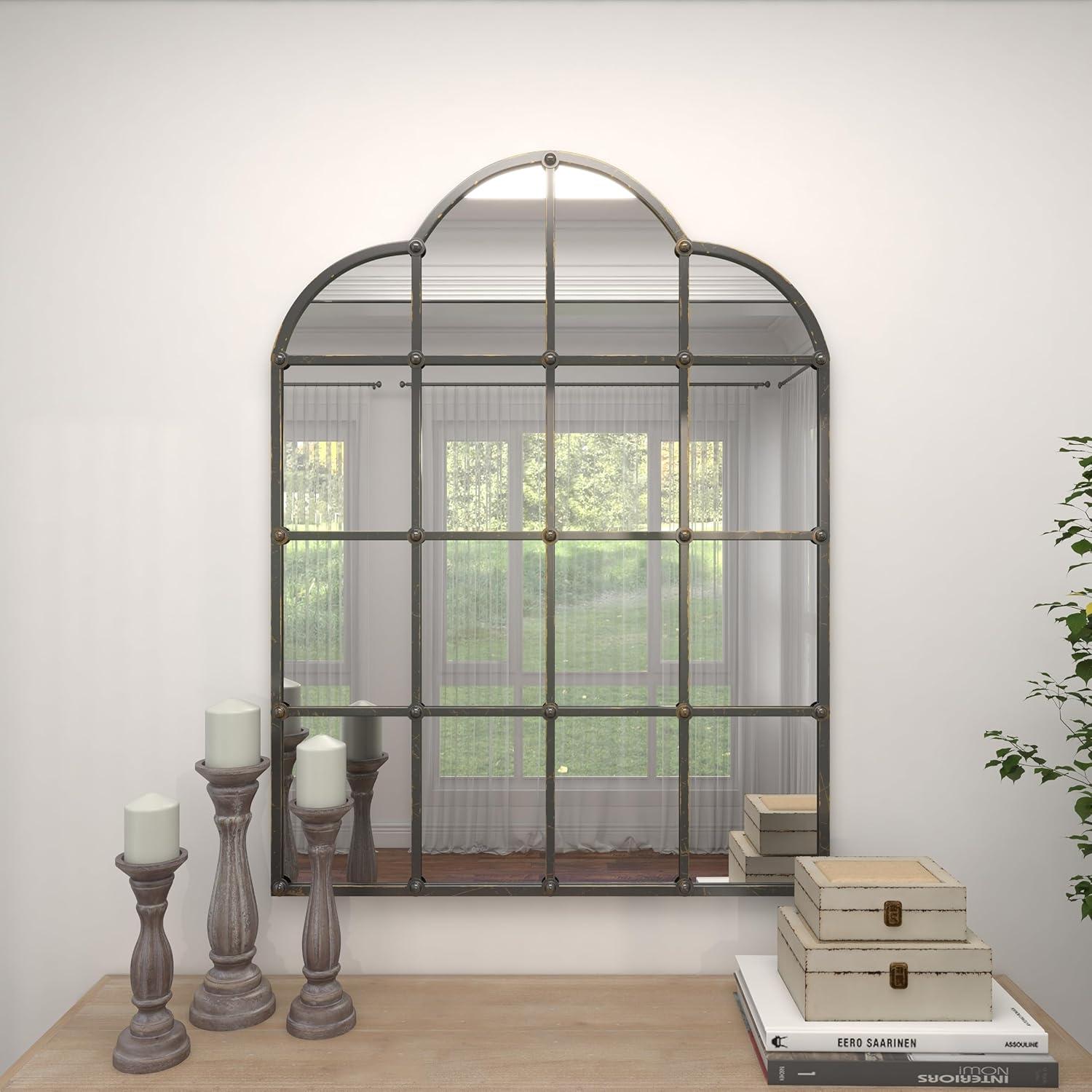 Metal Window Pane Inspired Wall Mirror with Arched Tops and Studs Black - Olivia & May