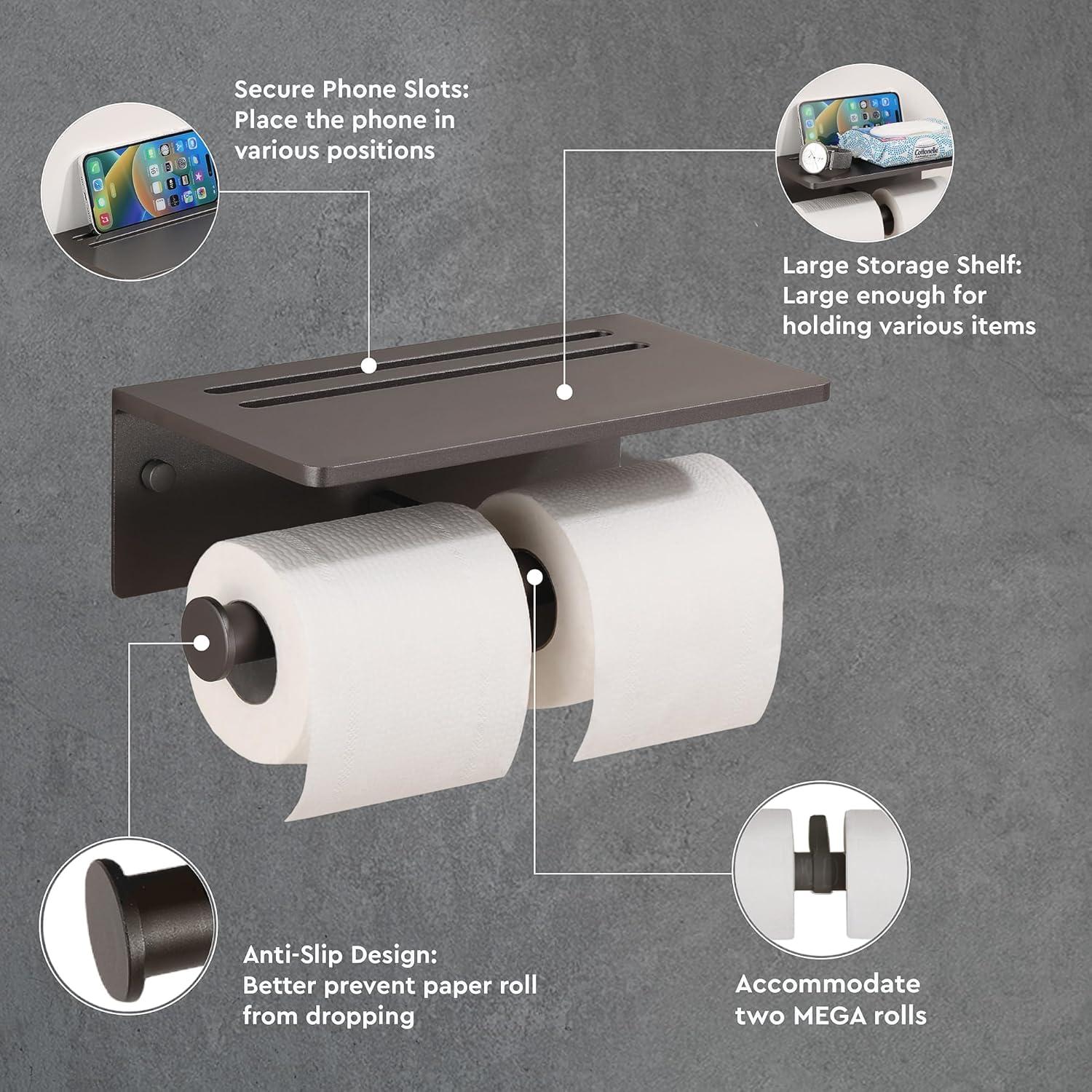 Toilet Paper Holder with Shelf, Black Anti-Rust Aluminum Tissue Roll Holder with Mobile Phone Storage Shelf for Bathroom, 3M Self Adhesive No Drilling or Wall Mounted with Screws