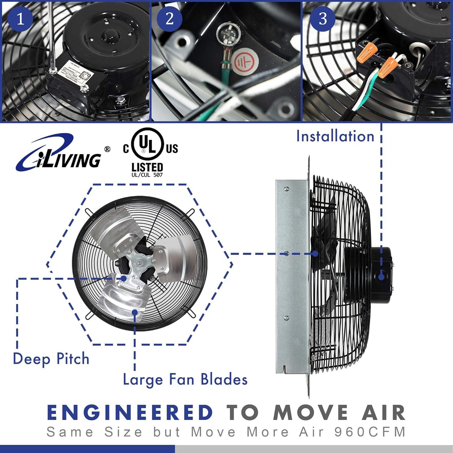 iLIVING ILG8SF12V-ST 12" Wall Mounted Shutter Exhaust Fan, Automatic Shutter, with Thermostat and Variable Speed controller, 0.6A, 960 CFM, 1400 SQF Coverage Area Silver