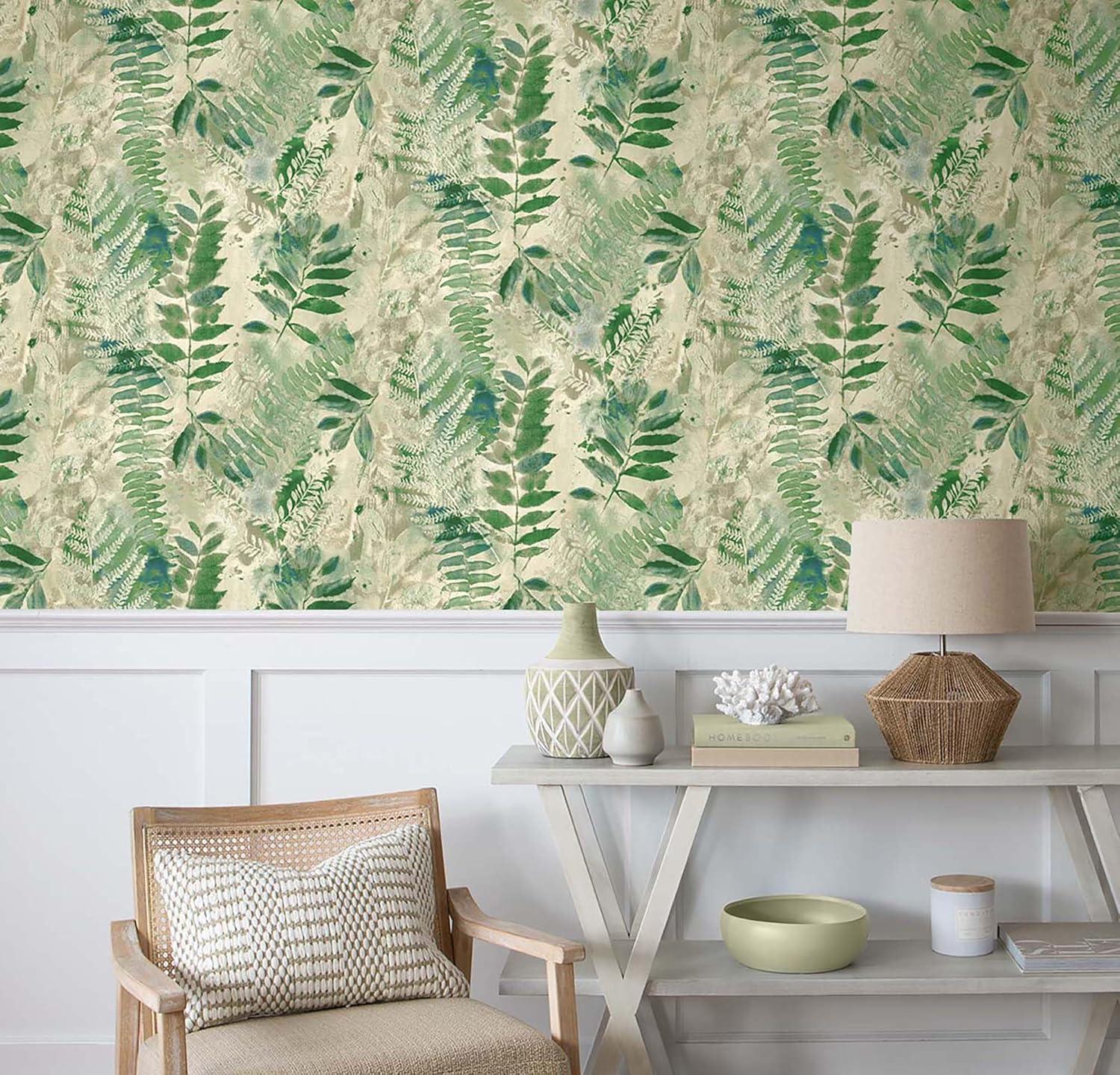 Surface Style - Peel and Stick Wallpaper, Botanical Wallpaper for Bedroom, Powder Room, Kitchen, Self Adhesive, Vinyl, 30.75 Sq Ft Coverage (Fern Memory Collection, Clover)