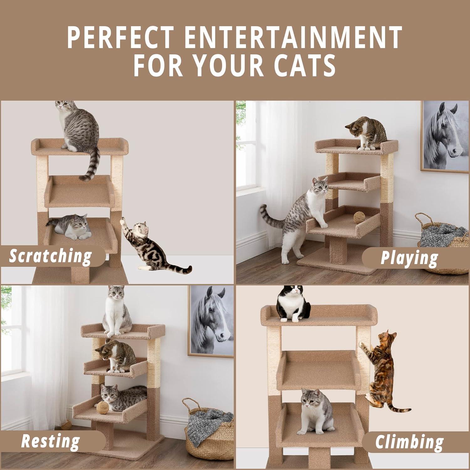 Nala 3-Tier Cat Tree Tower for Indoor Cats – Large Cat Tower & Cat Condo for Large Cats | Cat Tree House & Cat Castle for Multi-Cat Homes - Beige