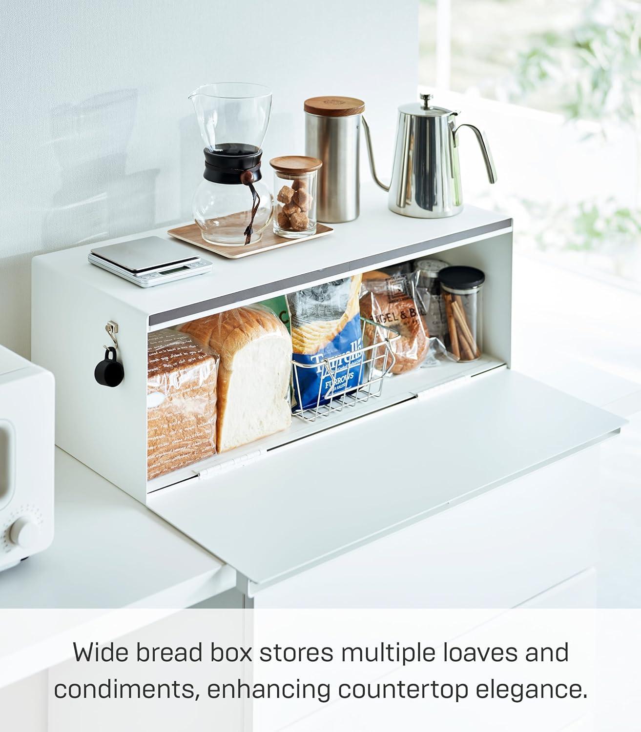 Wide White Steel Bread Box with Magnetic Door