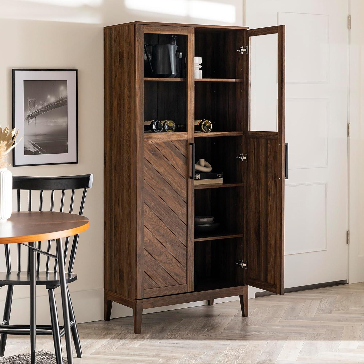 Walker Edison Emma Boho Chevron 2 Door Glass Window Hutch with Bottle Storage, 68 Inch, Dark Walnut