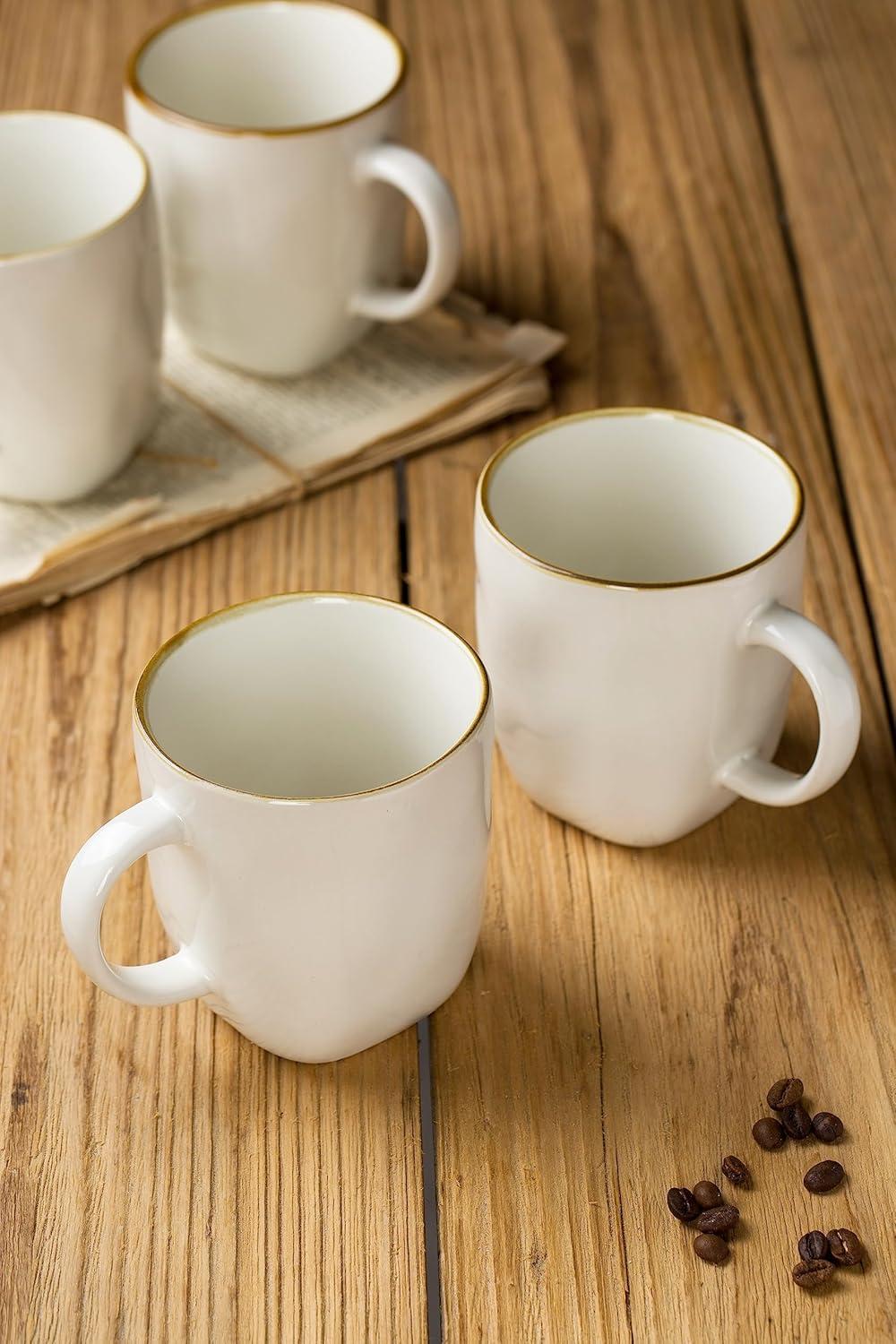 FAST APPLIANCES LLC Coffee Mugs Set Of 4, Ocean Square 13Oz Coffee Cup Set With Handle For Cocoa, Milk, Hot Chocolate, Tea, Water, Stoneware Cups For Kitchen, Microwave And Dishwasher Safe, Vanilla White