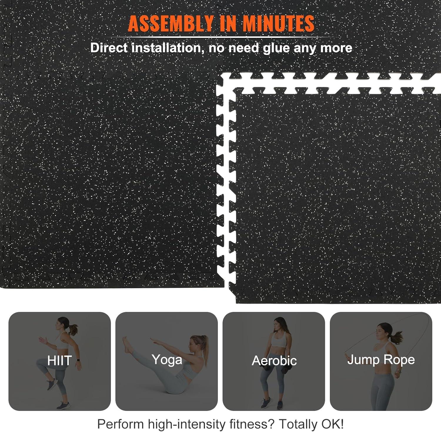 VEVOR 0.56 Inch Thick Gym Floor Mats, 12 Tiles Rubber Top with EVA Foam, 24" x 24" Gym Flooring Workout Mats with 48 sq.ft Coverage, Interlocking Puzzle Gym Mats for Gym, Home, Garage, Black & White