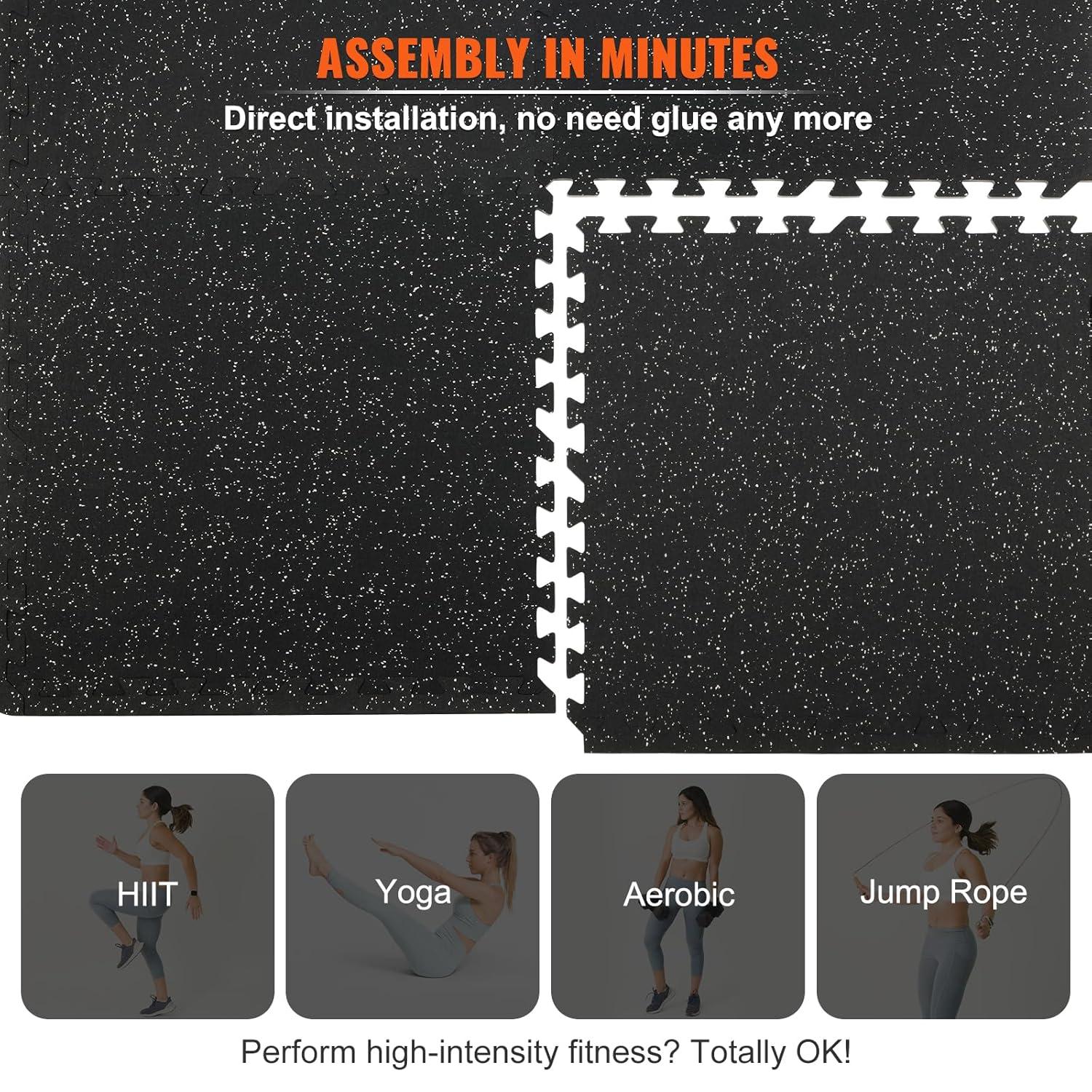 VEVOR 0.56 Inch Thick Gym Floor Mats, 12 Tiles Rubber Top with EVA Foam, 24" x 24" Gym Flooring Workout Mats with 48 sq.ft Coverage, Interlocking Puzzle Gym Mats for Gym, Home, Garage, Black & White