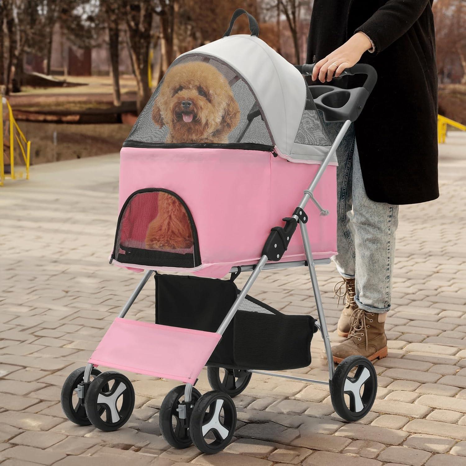 MoNiBloom 4 Wheel Lightweight Foldable Dog Pet Stroller, Pink