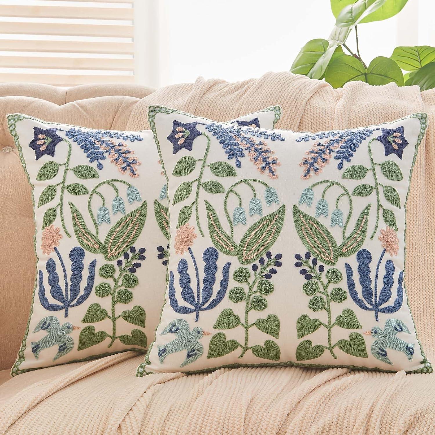 Navy and Green Floral Embroidered Cotton Euro Pillow Covers