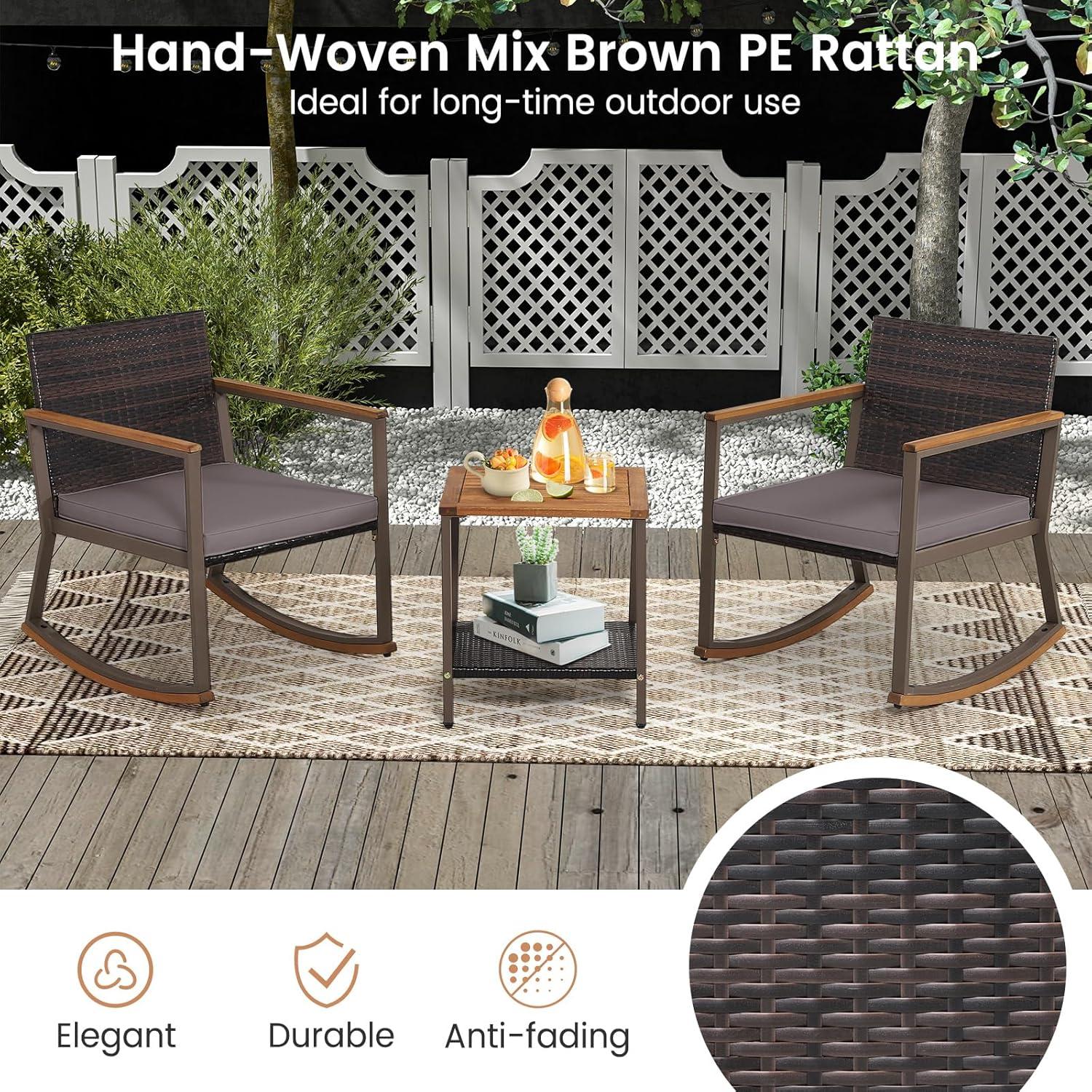 3 Pieces Rattan Rocking Bistro Set, Patio Conversation Sets with Coffee Table and Cushions-Off Navy