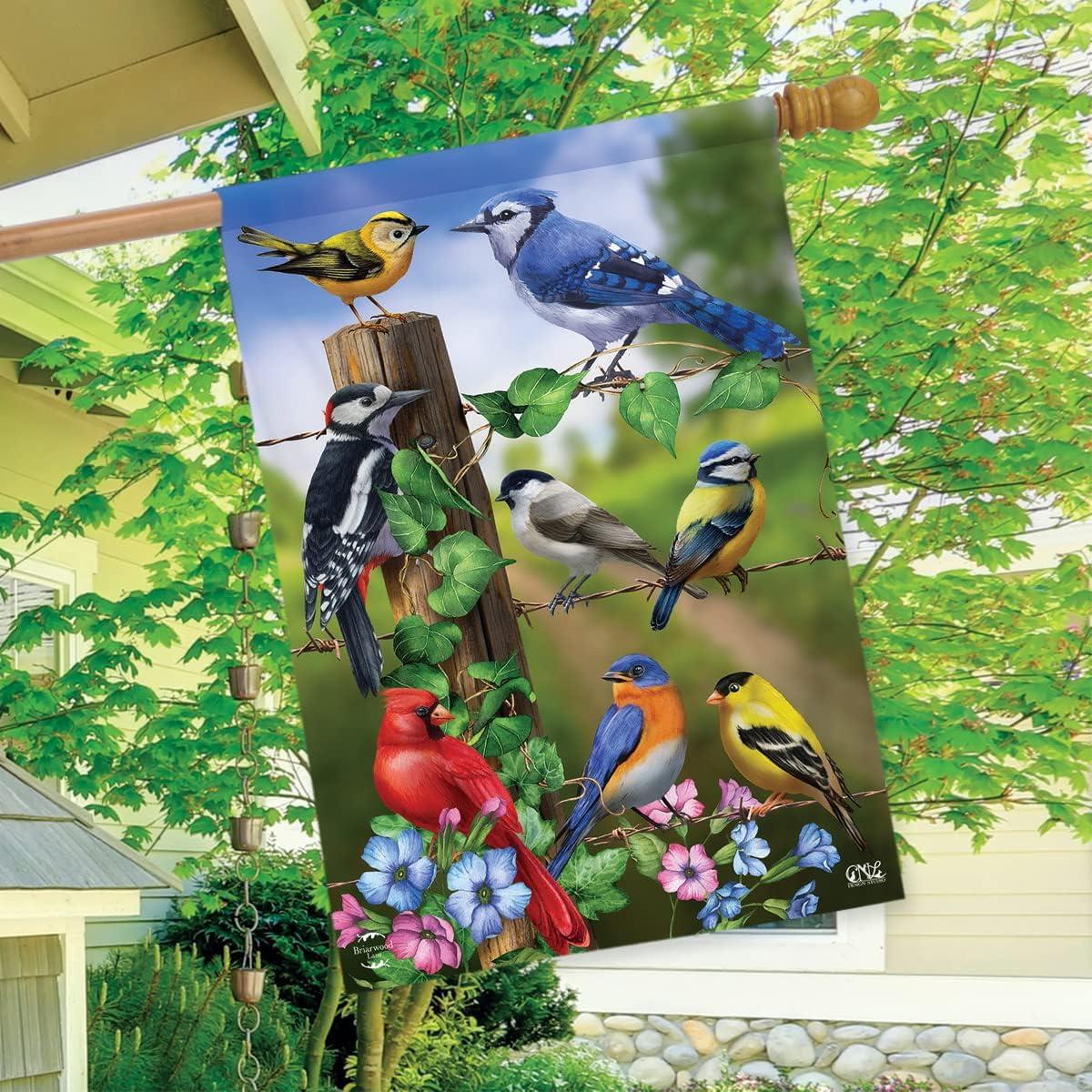Country Birds Spring House Flag Goldfinches Blue Jay 28" x 40" Briarwood Lane