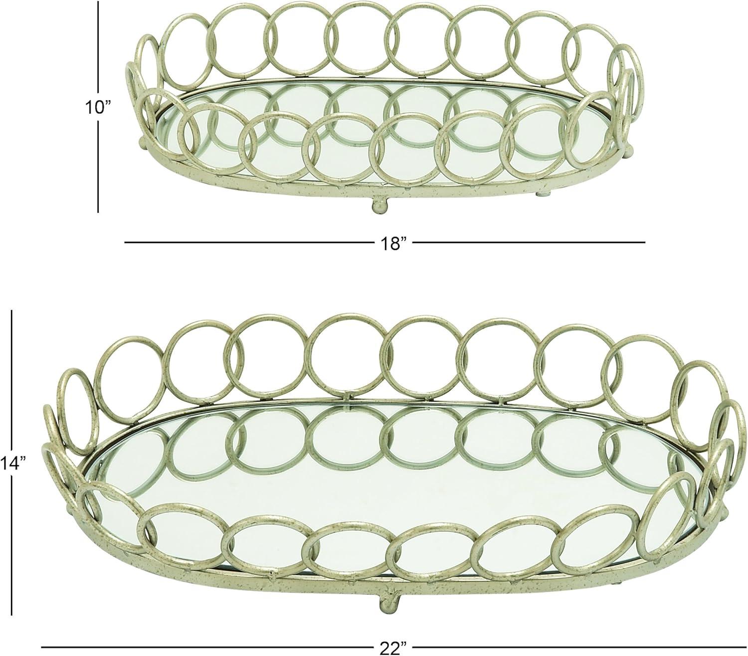 DecMode 22", 18"W Silver Metal Mirrored Geometric Tray with Circle Patterned Sides, 2-Pieces