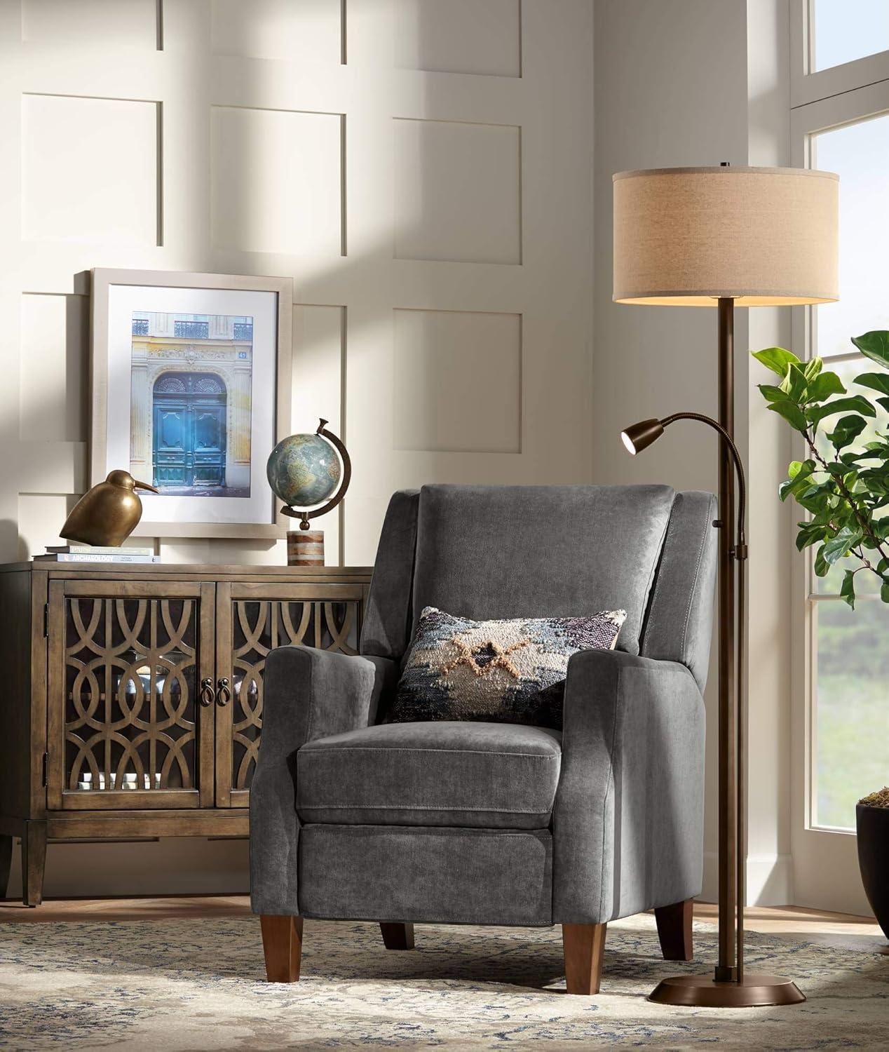Possini Euro Design Traverse Modern Floor Lamp with LED Gooseneck Reading Light 64" Tall Oil Rubbed Bronze Oatmeal Drum Shade for Living Room Bedroom