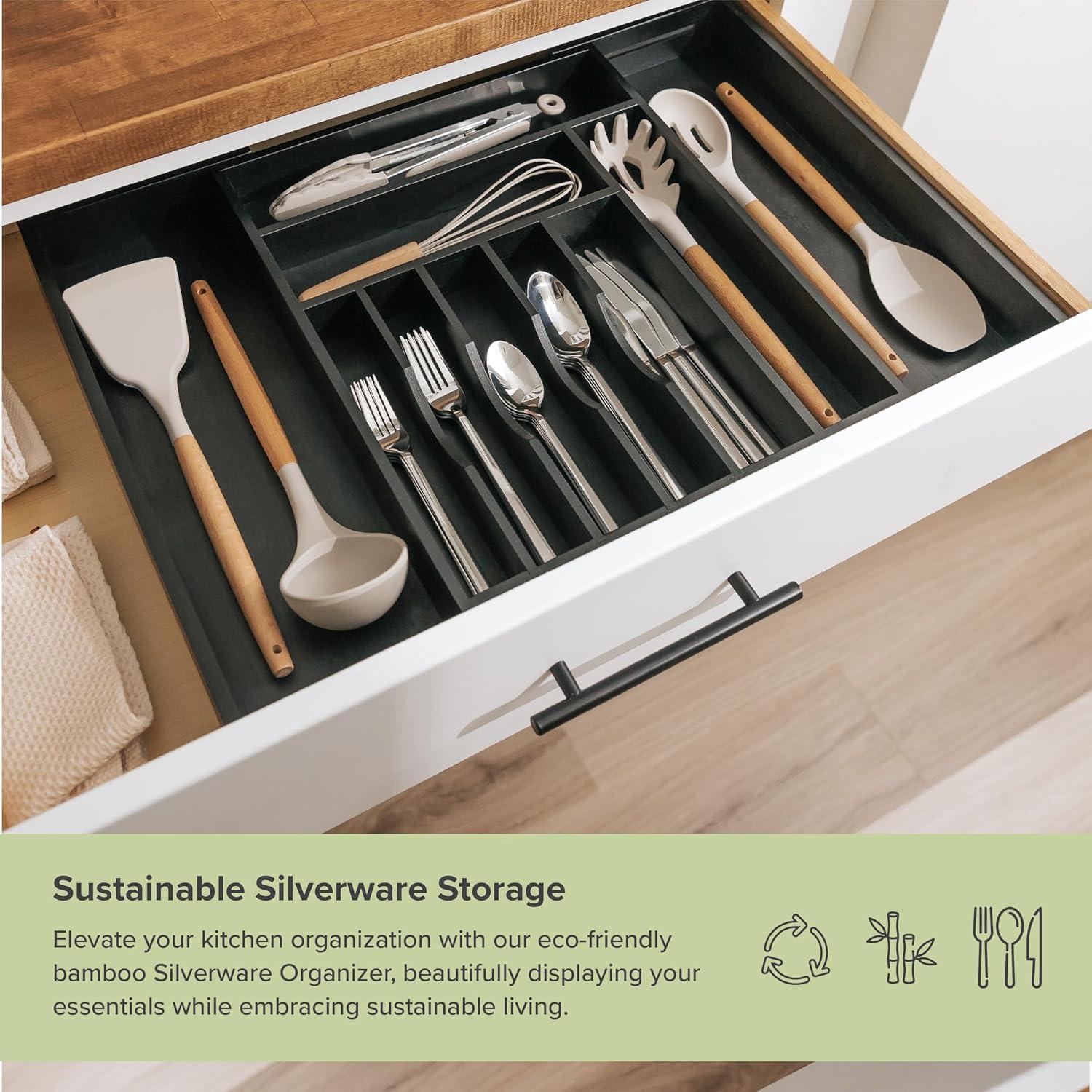 KitchenEdge Premium Silverware, Flatware and Utensil Organizer for Kitchen Drawers, Expandable 15 to 25 Inches Wide, 10 Compartments, Food-Safe Contract Grade Black Finish 100% Sustainable Bamboo Wood