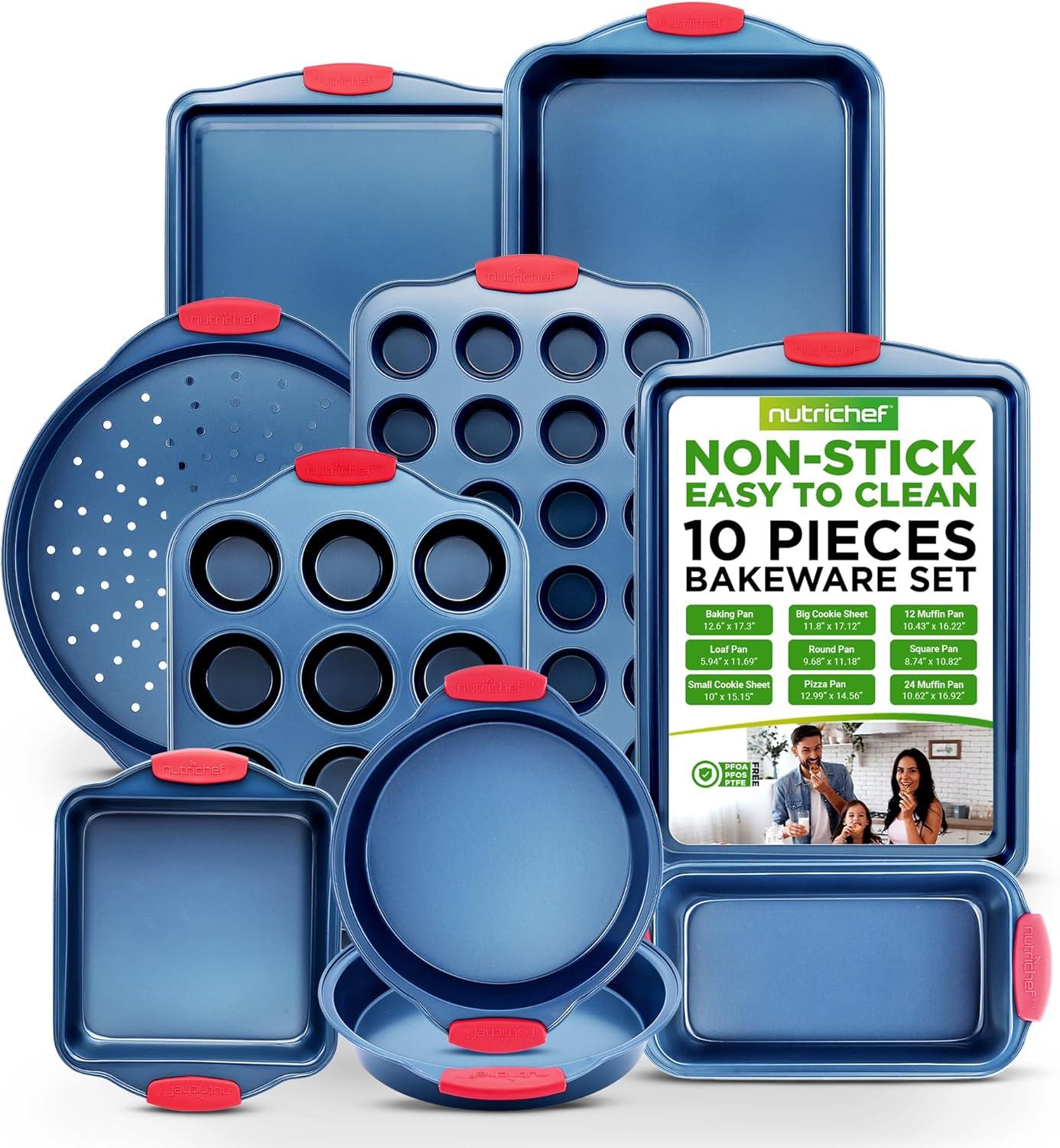 NutriChef 10-Piece Nonstick Bakeware Set Carbon Steel Baking Trays w/ Heat safe Silicone Handles