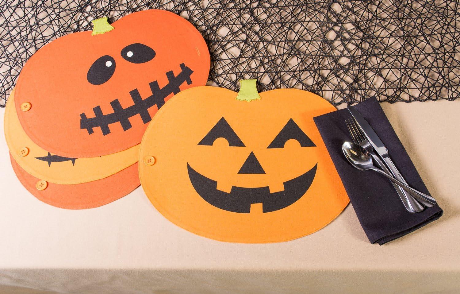 DII Halloween Party Tabletop Decor, Reusable & Machine Washable Cotton Fabric, Table Runner/Placemat Set, Jack o Lantern, 4 Piece