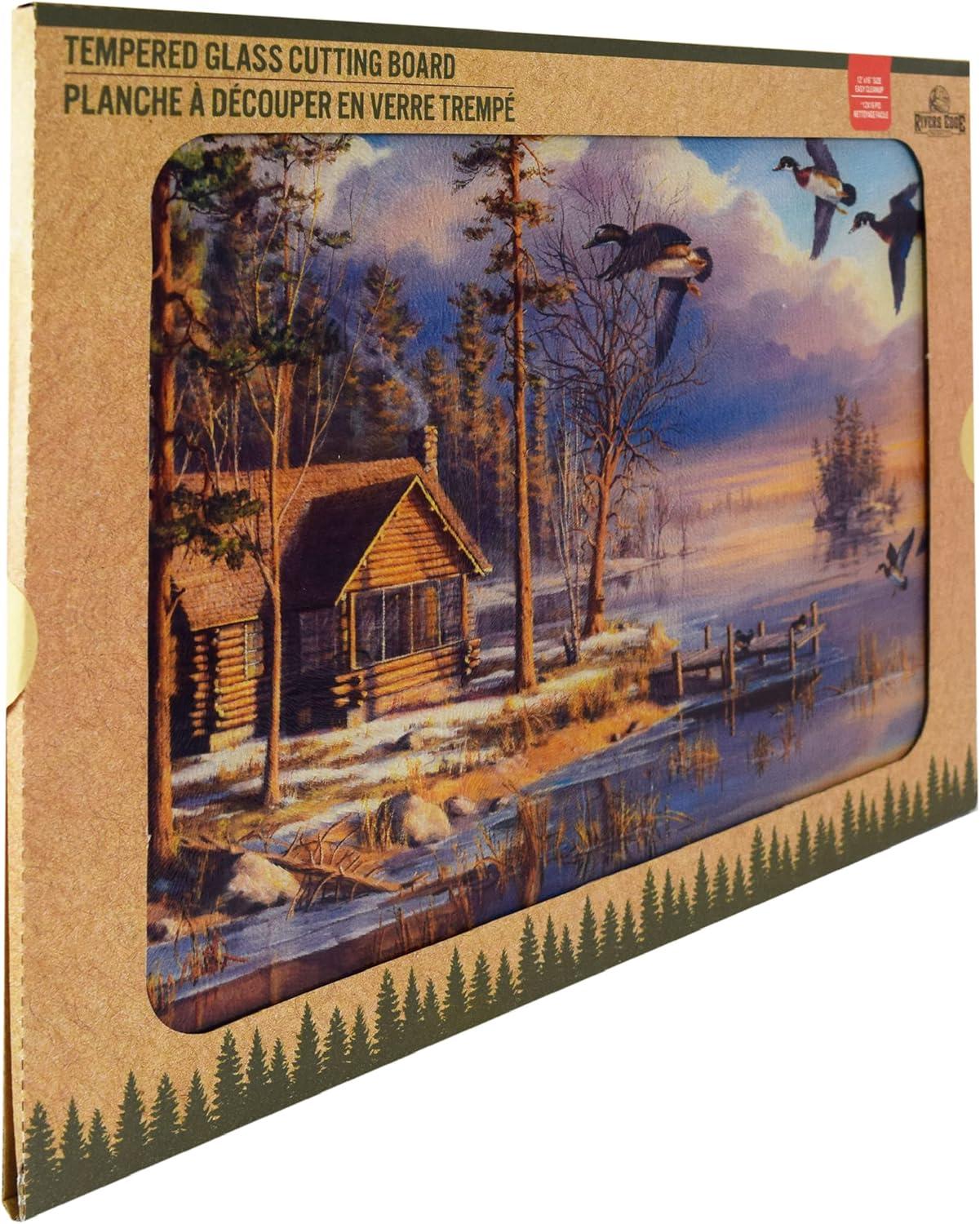 Rivers Edge Products Large 12in x 16in Decorative Tempered Glass Cutting Board, Hypoallergenic, Non Slip, Textured Surface Chopping Board for Kitchen, Cabin in the Woods, Spring Arrivals