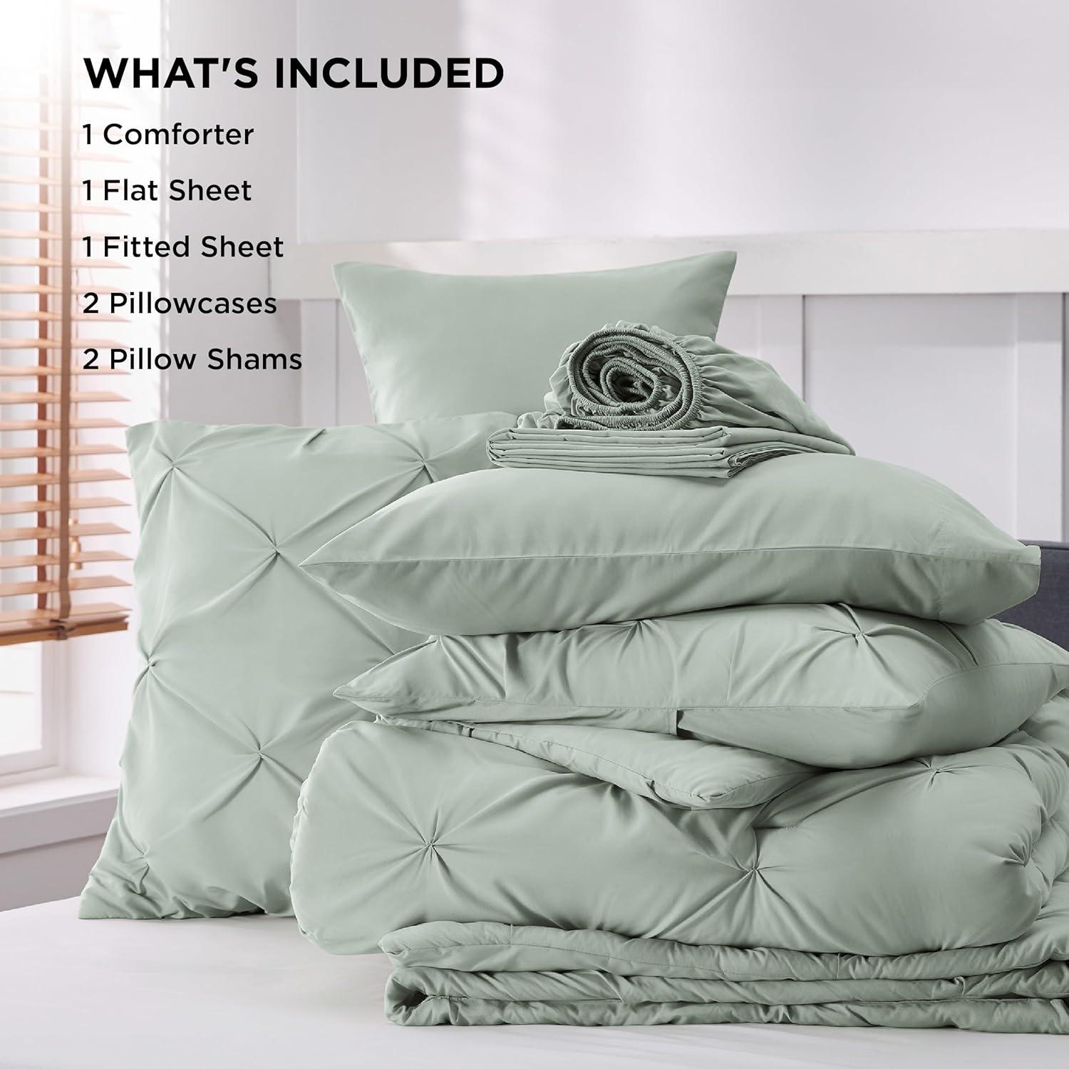 Bedsure Queen Comforter Set Sage Green - Bed in a Bag Queen Size 7 Pieces, GentleSoft™ Pintuck Bed Set Gift for Family, Pinch Pleat Sage Green Comforter with Sheets, Pillowcases & Shams