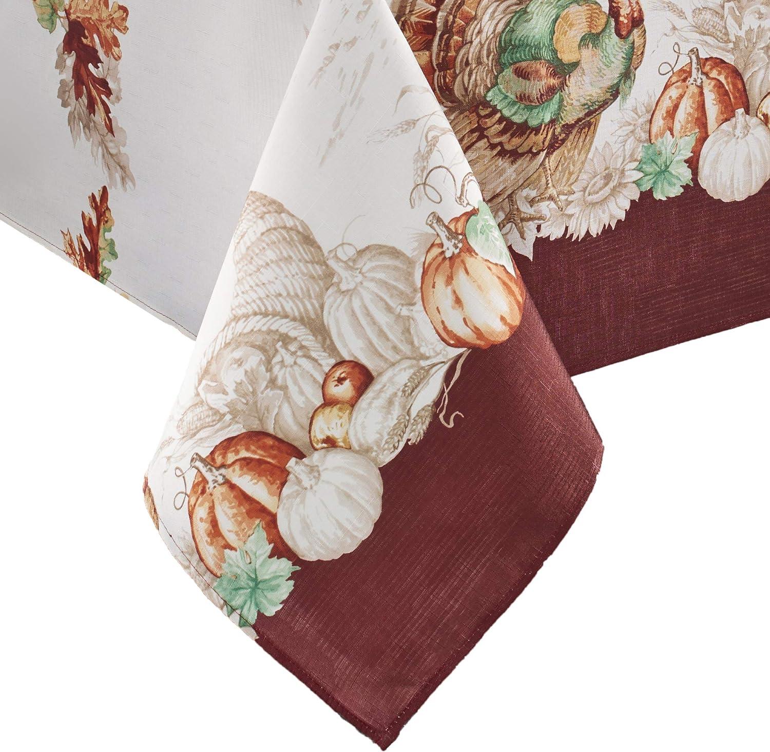 Elrene Holiday Turkey Bordered Fall Tablecloth - White/Red - Elrene Home Fashions