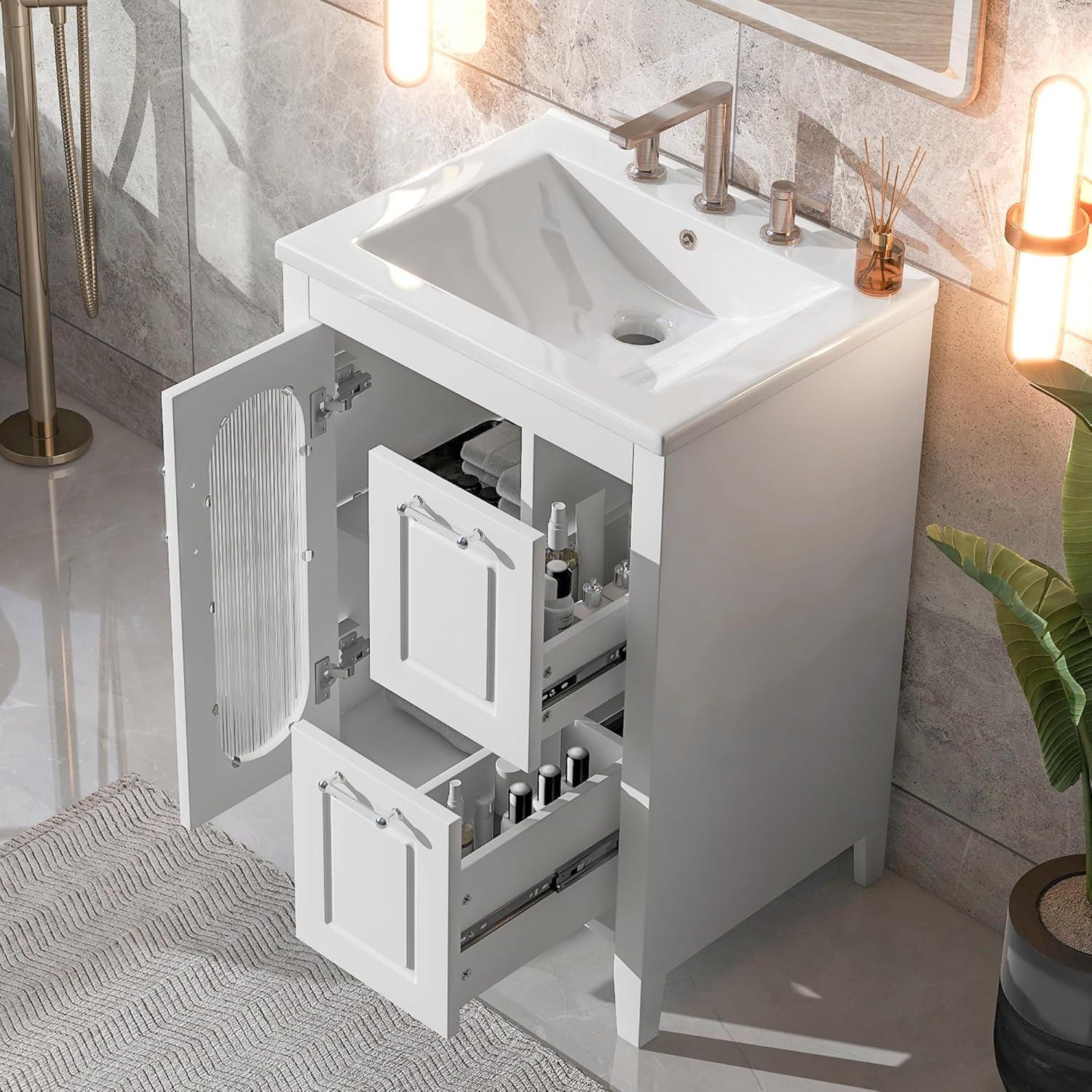 24" White MDF and Solid Wood Bathroom Vanity with Sink