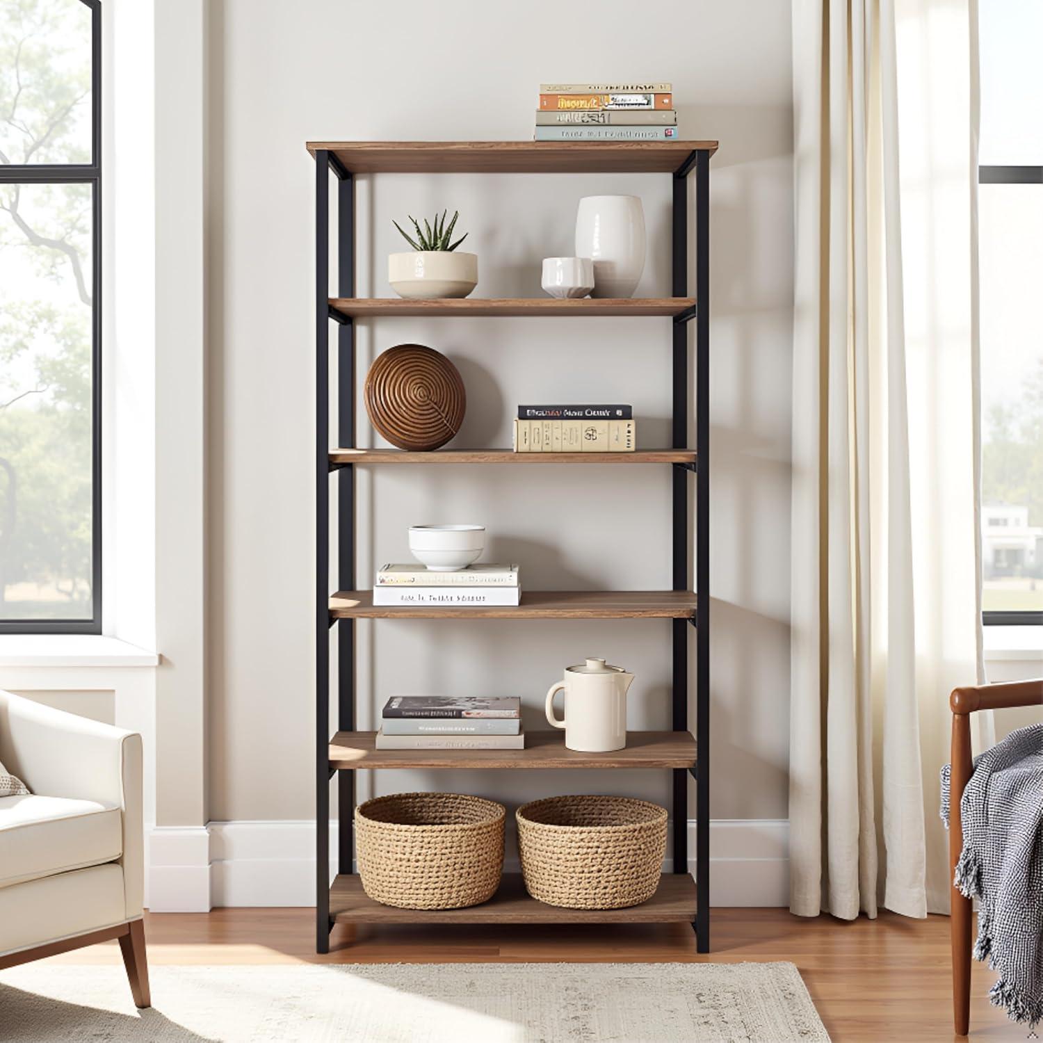 Alaterre Furniture Pomona 70 in. Tall 5-Shelf Solid Pine Wood & Metal Bookcase, Bookshelf for Home Office, Living Room or Bedroom, Natural