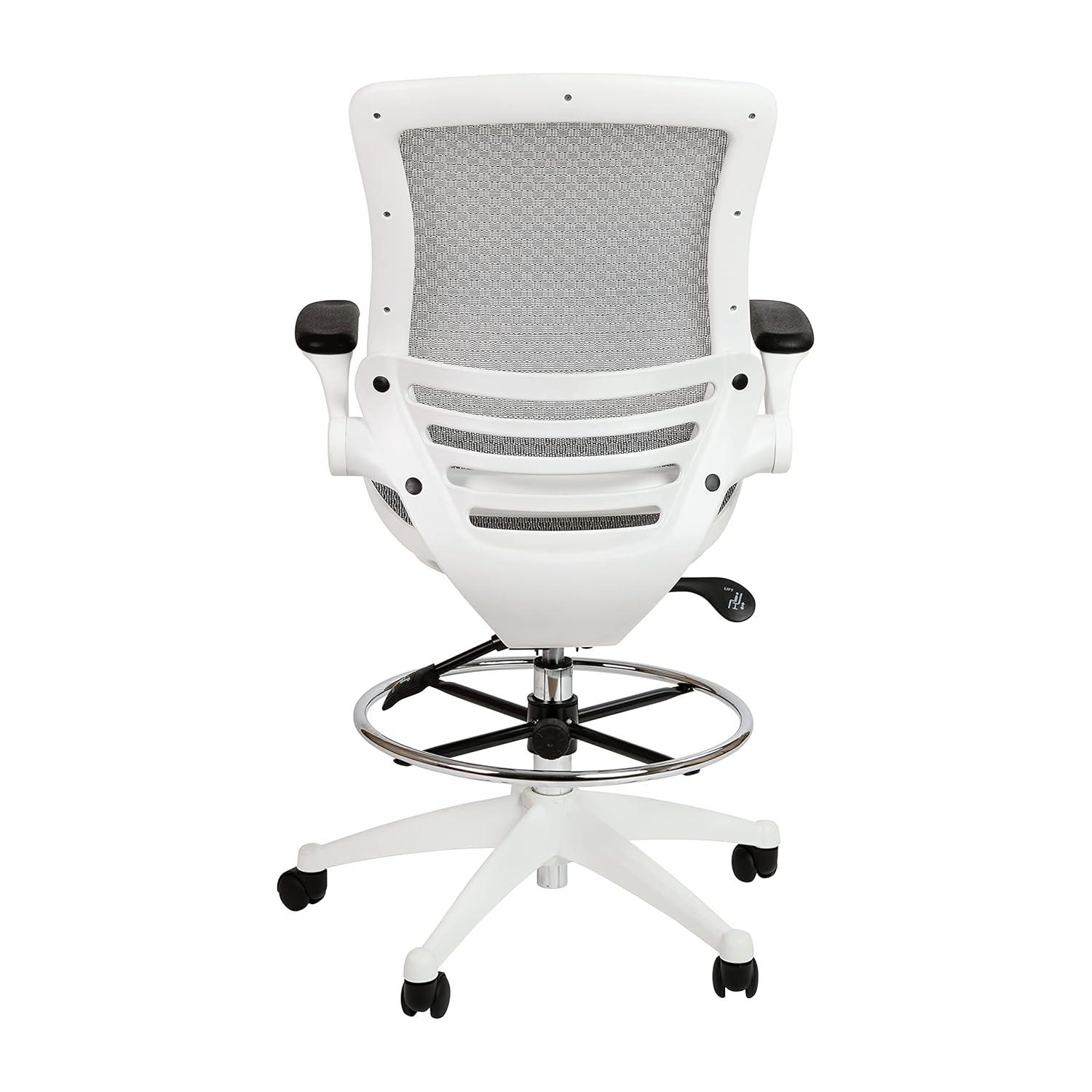 Emma and Oliver Gray Mid-Back Mesh Drafting Chair with White Frame and Flip-Up Arms